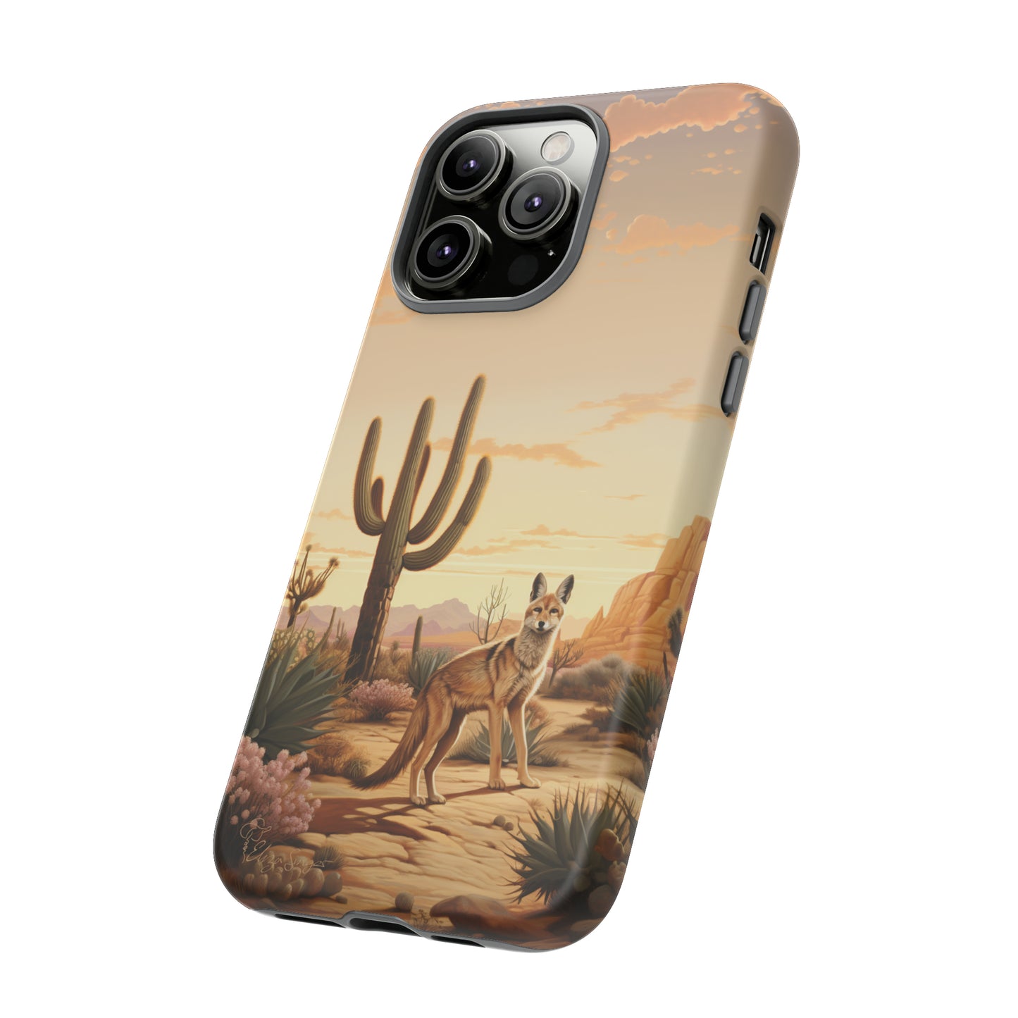 Unveiling our Western Tough Cell Phone Case: Dusk Jackal Oasis Edition! Witness the beauty of dusk with a jackal in a desert landscape next to a cactus. This design offers both rugged protection and a touch of twilight elegance.