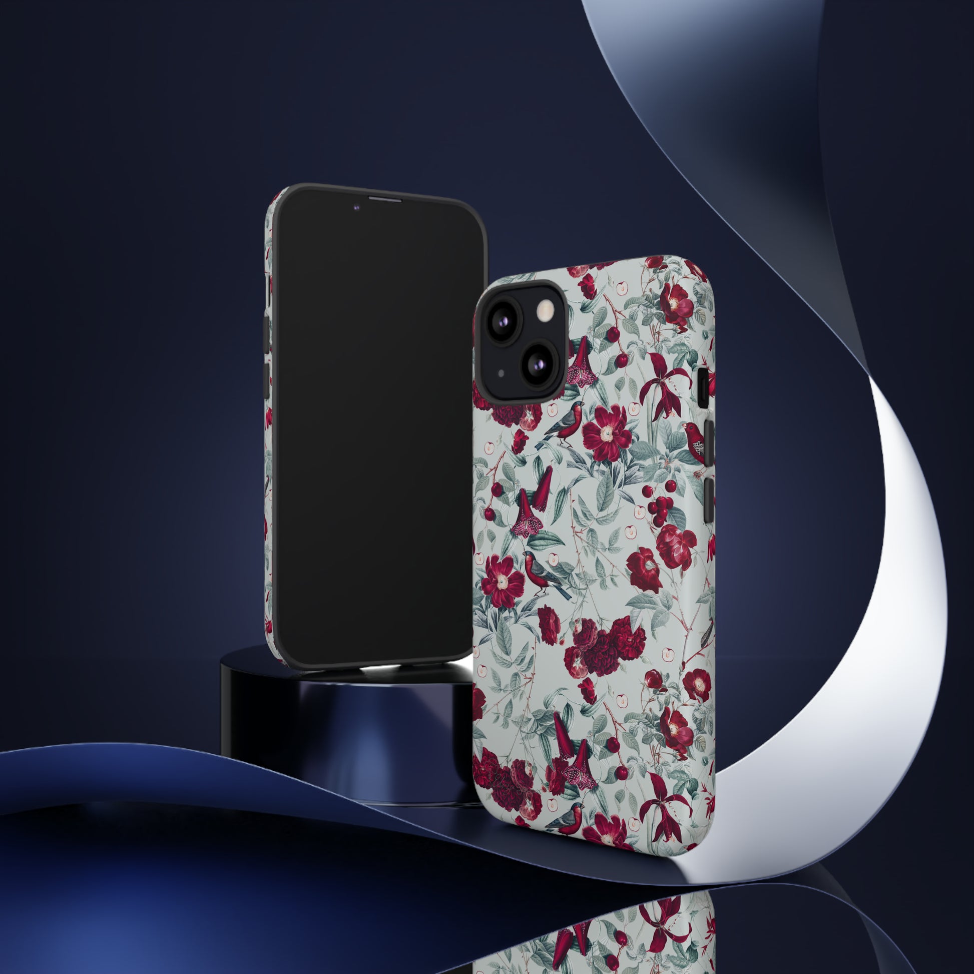 Cherry Blossom Serenade: Cherish nature's beauty with 'Cherry Blossom Serenade.' This iPhone case features flowers and burgundy birds on a blue background, creating a captivating floral wildlife bird and flower design. Elevate your device with this enchanting and stylish protective cover. #ElizaSinger #PhoneCase #FloralDesign