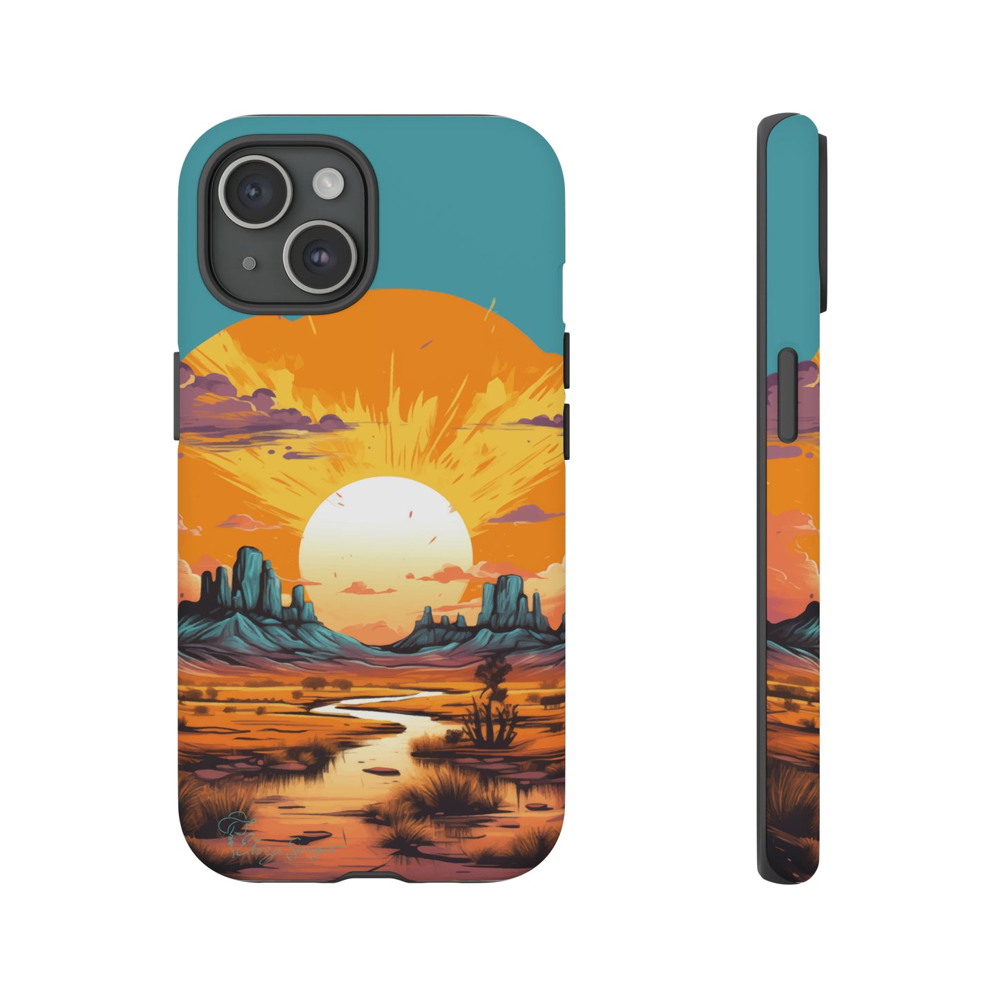 Introducing our Tough Western Cell Phone Case: Turquoise Twilight Oasis Edition! This captivating design showcases a serene landscape with a turquoise background and a mesmerizing setting sun. Enjoy the perfect blend of rugged protection and artistic flair.