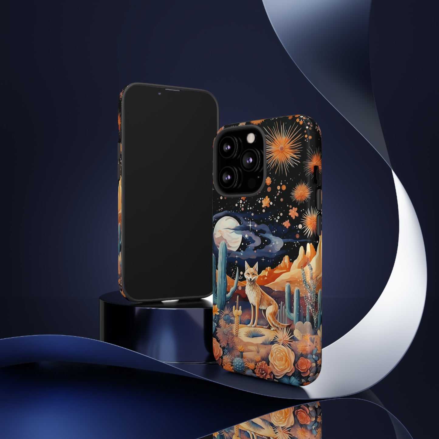 Introducing our Tough Western Cell Phone Case: Midnight Mirage Jackal Edition! Dive into the mysterious desert night with a striking depiction of a jackal, cacti, and a starry sky. This design offers the ideal combination of durability and desert charm.