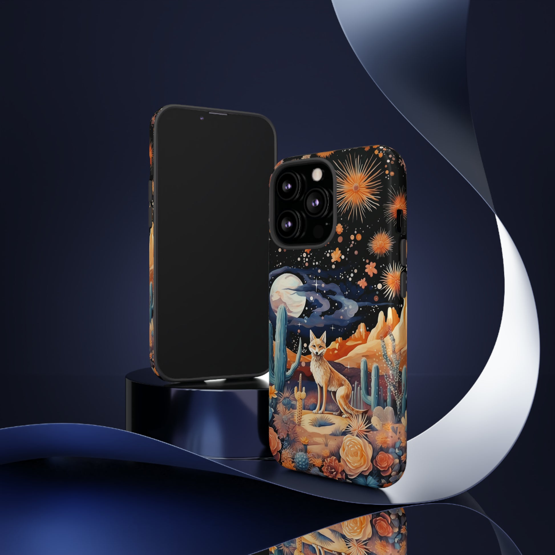 Introducing our Tough Western Cell Phone Case: Midnight Mirage Jackal Edition! Dive into the mysterious desert night with a striking depiction of a jackal, cacti, and a starry sky. This design offers the ideal combination of durability and desert charm.