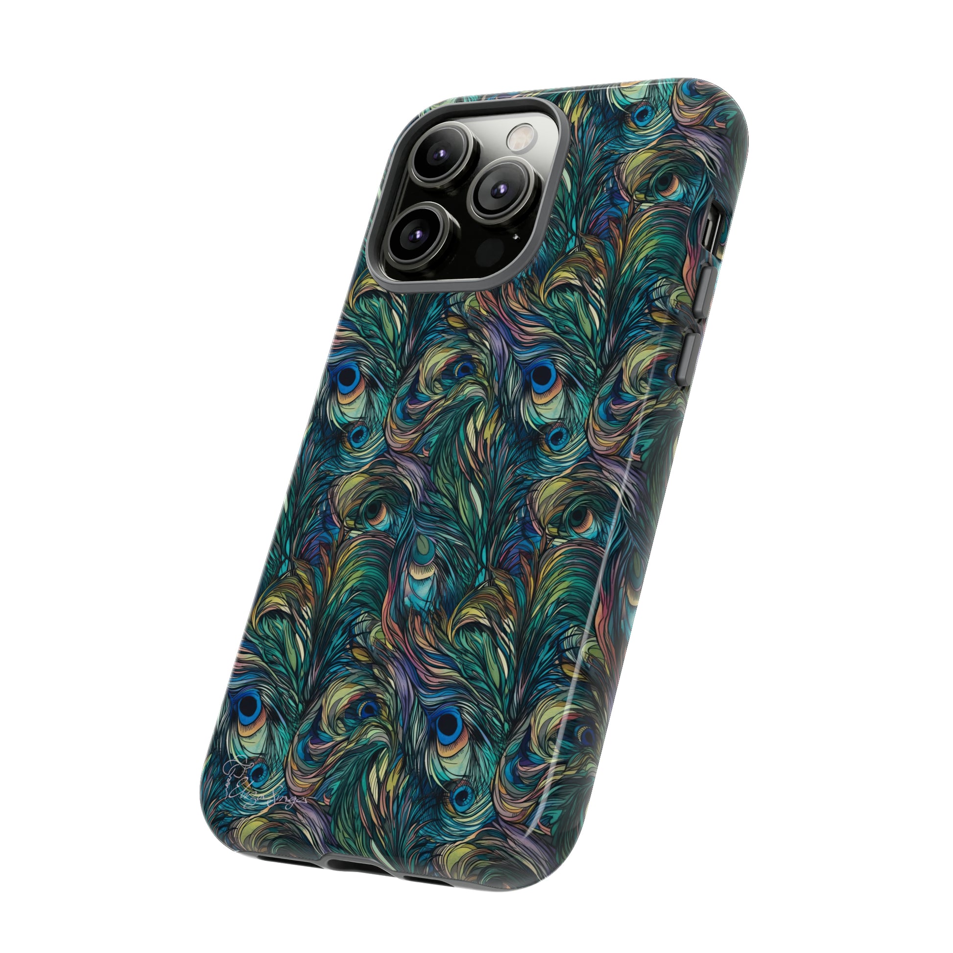 Feathered Elegance: Boho Feather Peacock Vibrant Art iPhone Tough Protective Cover. Adorned with Turquoise Feathers, compatible with iPhone 15, 14, 13, XS, XR Pro/Max/Mini/P/Plus. Embrace Bohemian Vibes with Style and Durability. #ElizaSinger #PhoneCase #BohoFeathers