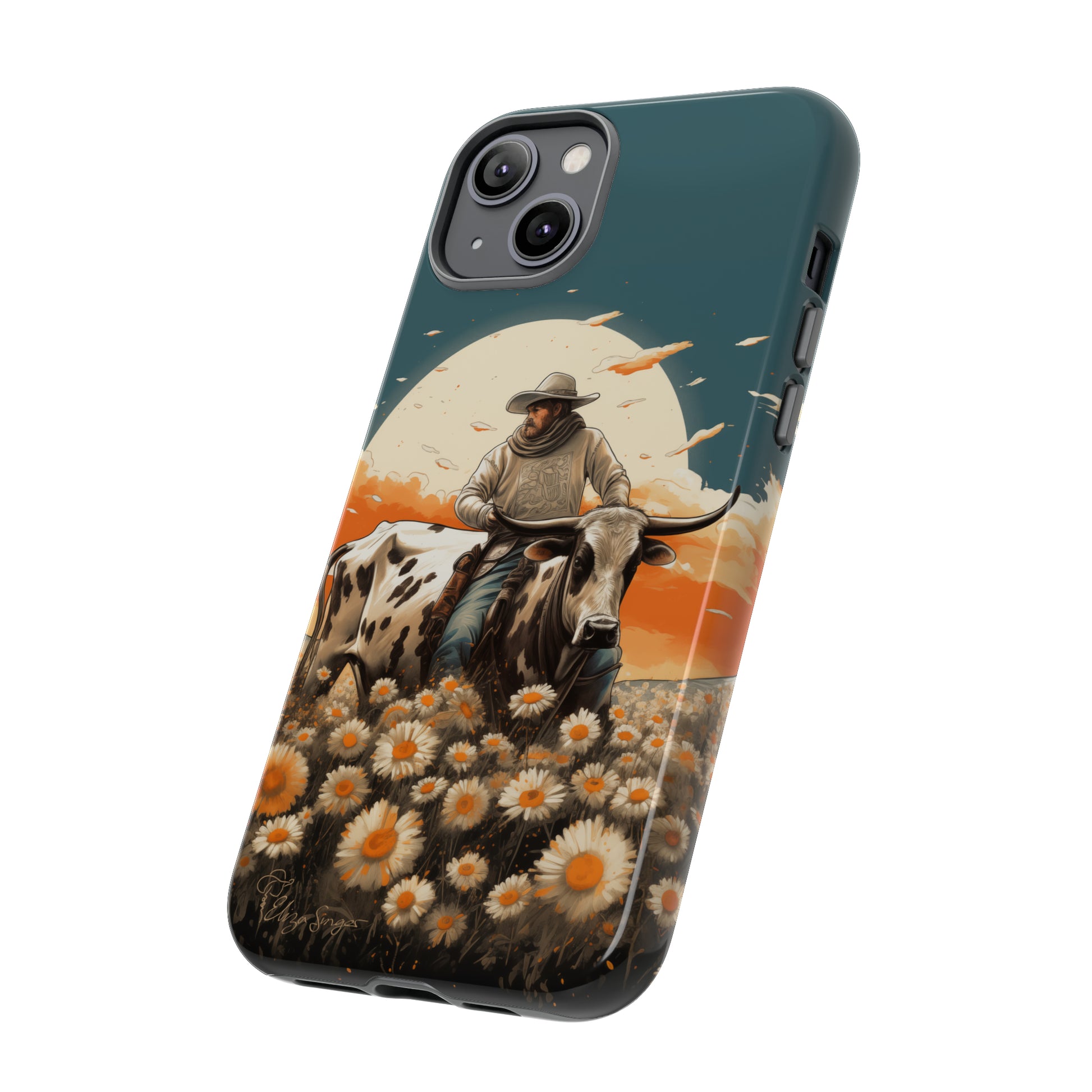 Harmony of Contrasts: Dive into our Tough Cell Phone Case, a visual symphony featuring a bullrider on a black and white dairy cow amidst a vibrant field of flowers. This edition effortlessly merges toughness with artistic flair, offering a unique and captivating contrast. Elevate your phone with rugged elegance. #ElizaSinger #PhoneCase #ContrastHarmony