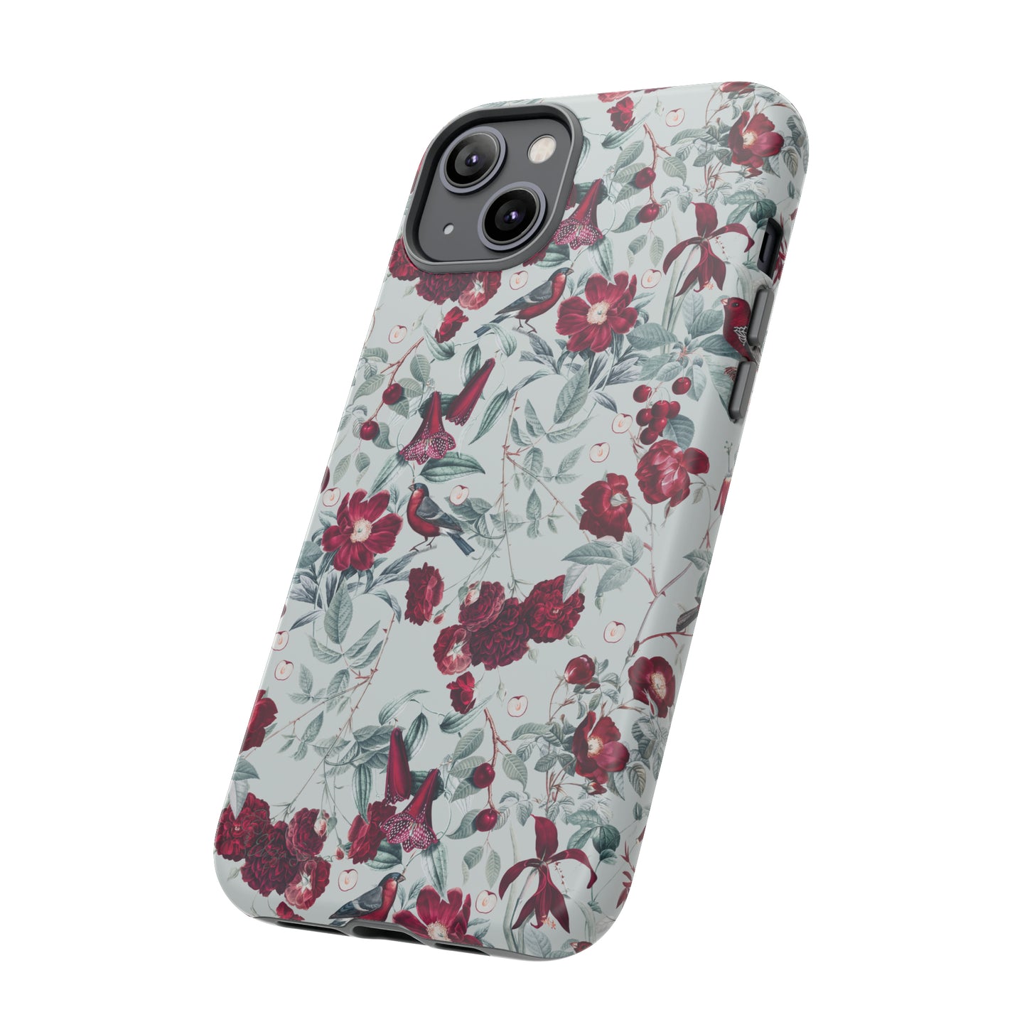 Cherry Blossom Serenade: Cherish nature's beauty with 'Cherry Blossom Serenade.' This iPhone case features flowers and burgundy birds on a blue background, creating a captivating floral wildlife bird and flower design. Elevate your device with this enchanting and stylish protective cover. #ElizaSinger #PhoneCase #FloralDesign