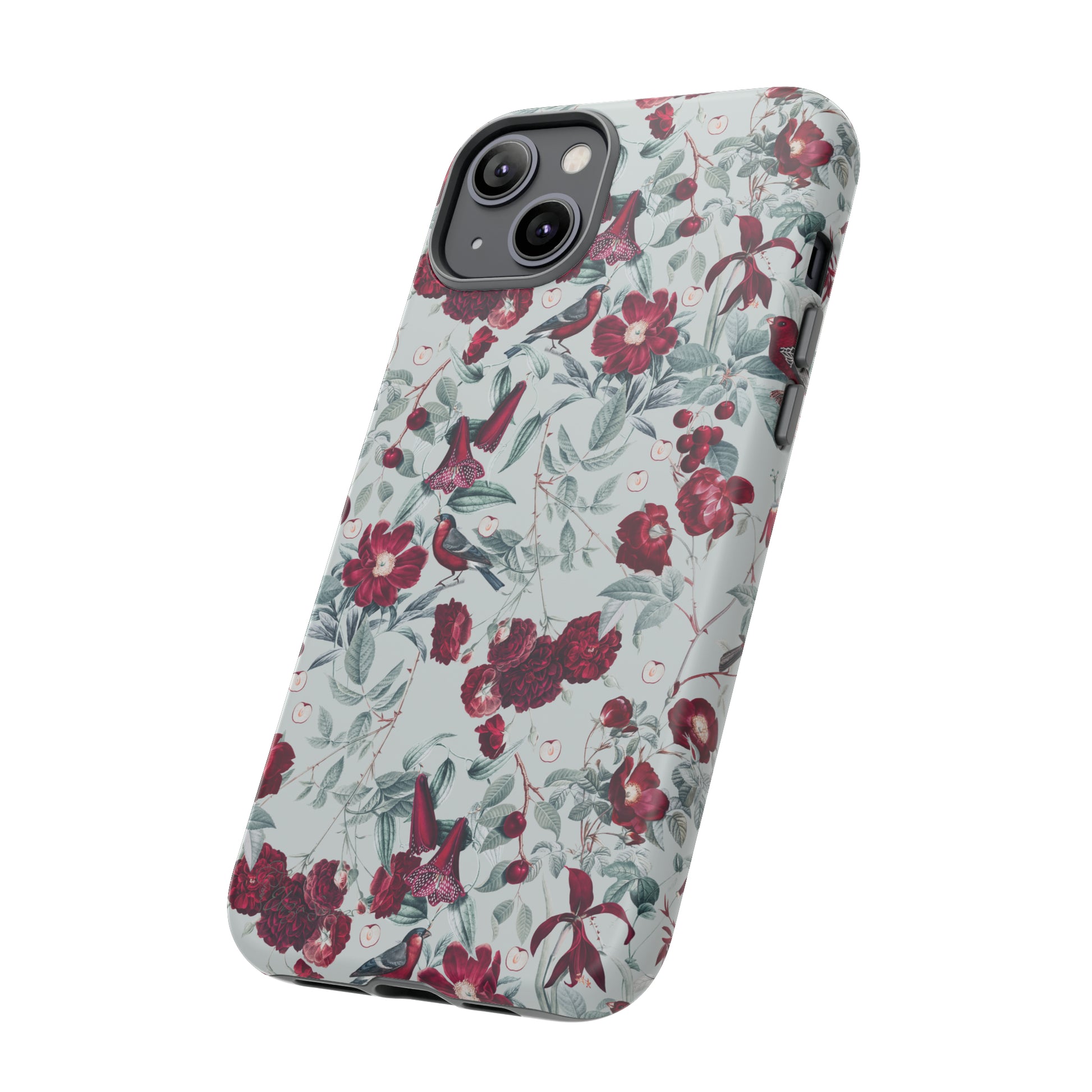 Cherry Blossom Serenade: Cherish nature's beauty with 'Cherry Blossom Serenade.' This iPhone case features flowers and burgundy birds on a blue background, creating a captivating floral wildlife bird and flower design. Elevate your device with this enchanting and stylish protective cover. #ElizaSinger #PhoneCase #FloralDesign