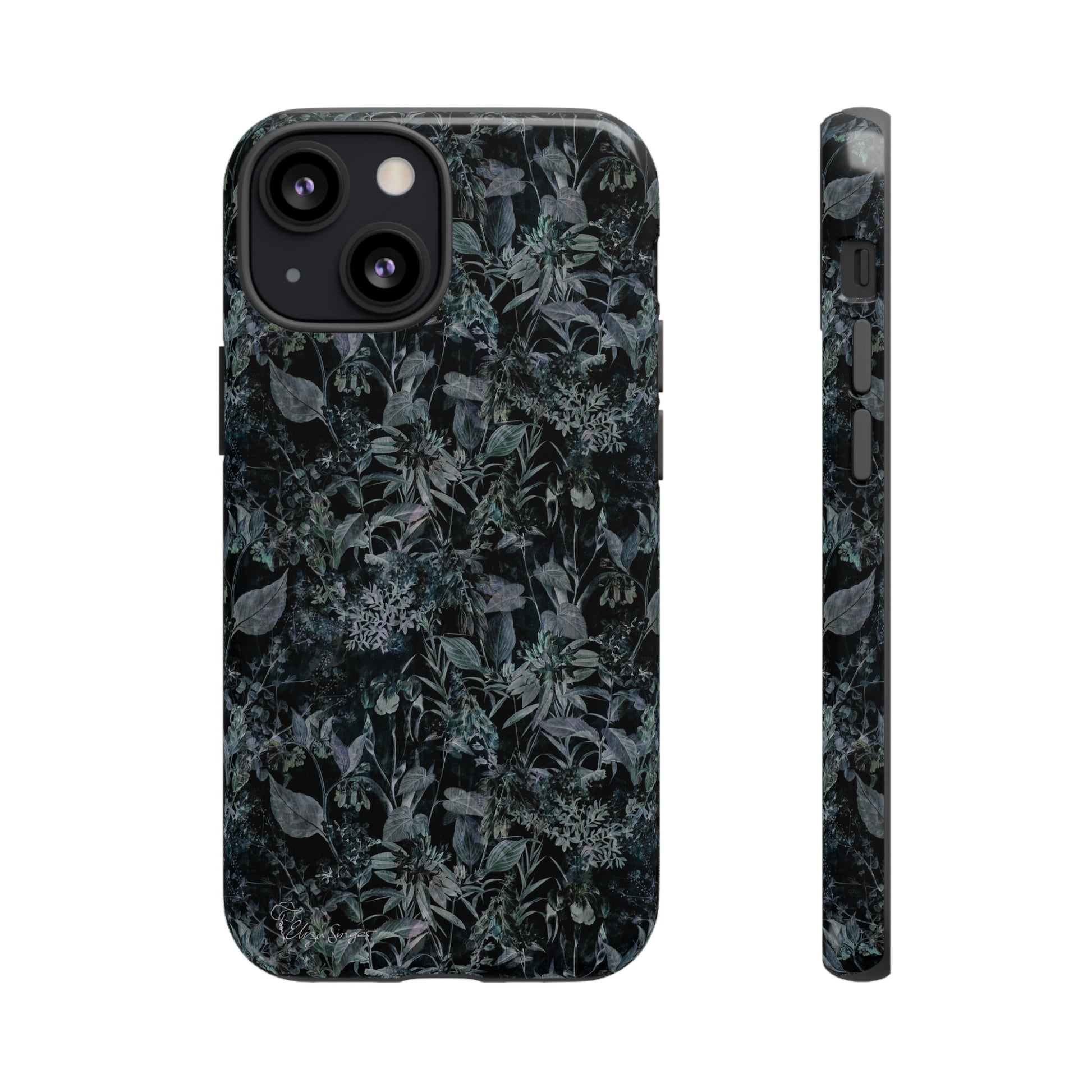 Blossom in Style: Botany Floral Dark Flowers Blue Denim iPhone Tough Protective Cover. This case features a Flower and Muted Grey Design, compatible with iPhone 15, 14, 13, XS, XR Pro/Max/Mini/P/Plus. Unleash Nature's Beauty with Style and Durability. #ElizaSinger #PhoneCase #FloralDesign