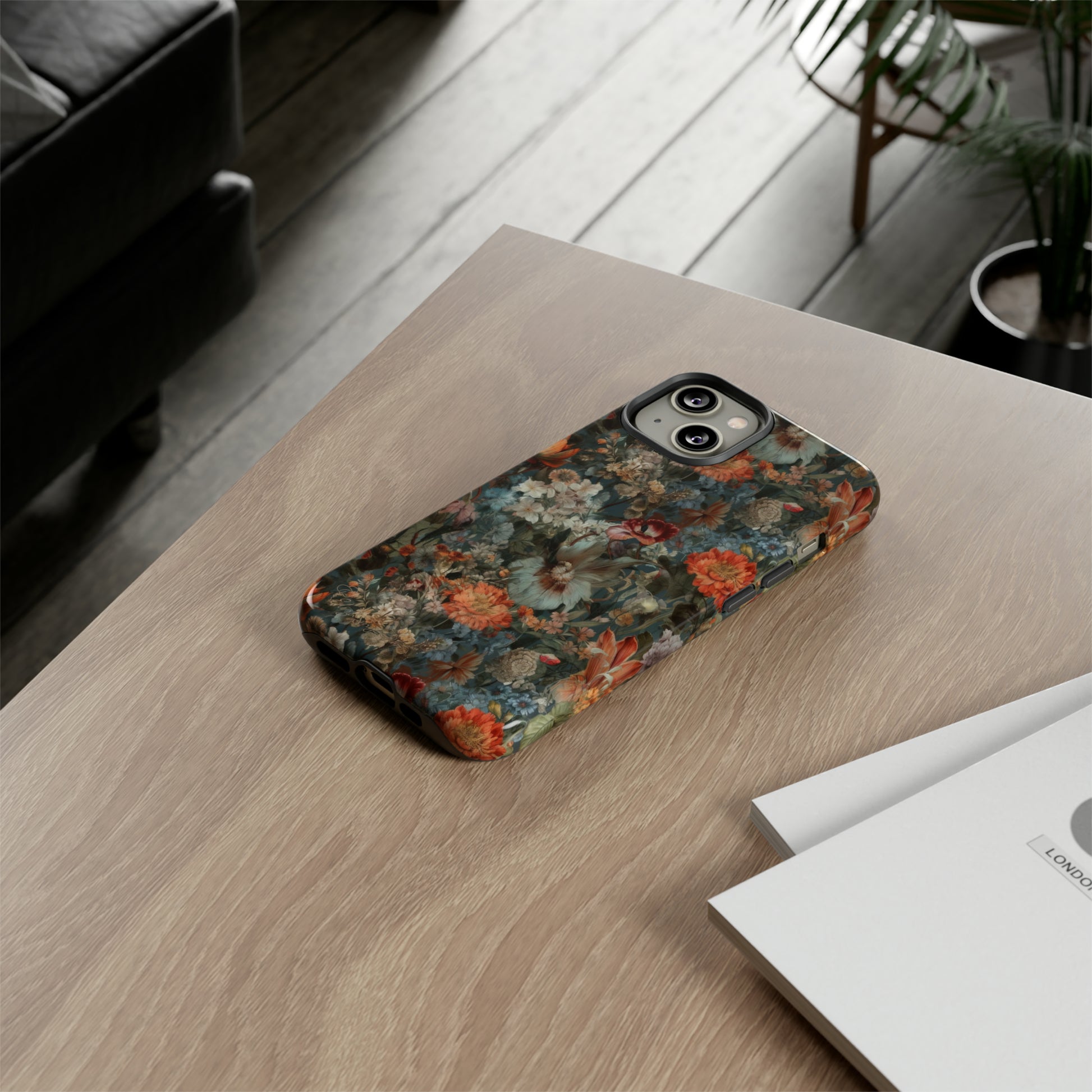 Blooms in Shadows: Botany Floral Dark Flowers iPhone Tough Protective Cover. A captivating blend of Flowers in muted colors, compatible with iPhone 15, 14, 13, XS, XR Pro/Max/Mini/P/Plus. Unleash Nature's Elegance with Durability and Style. #ElizaSinger #PhoneCase #FloralDesign