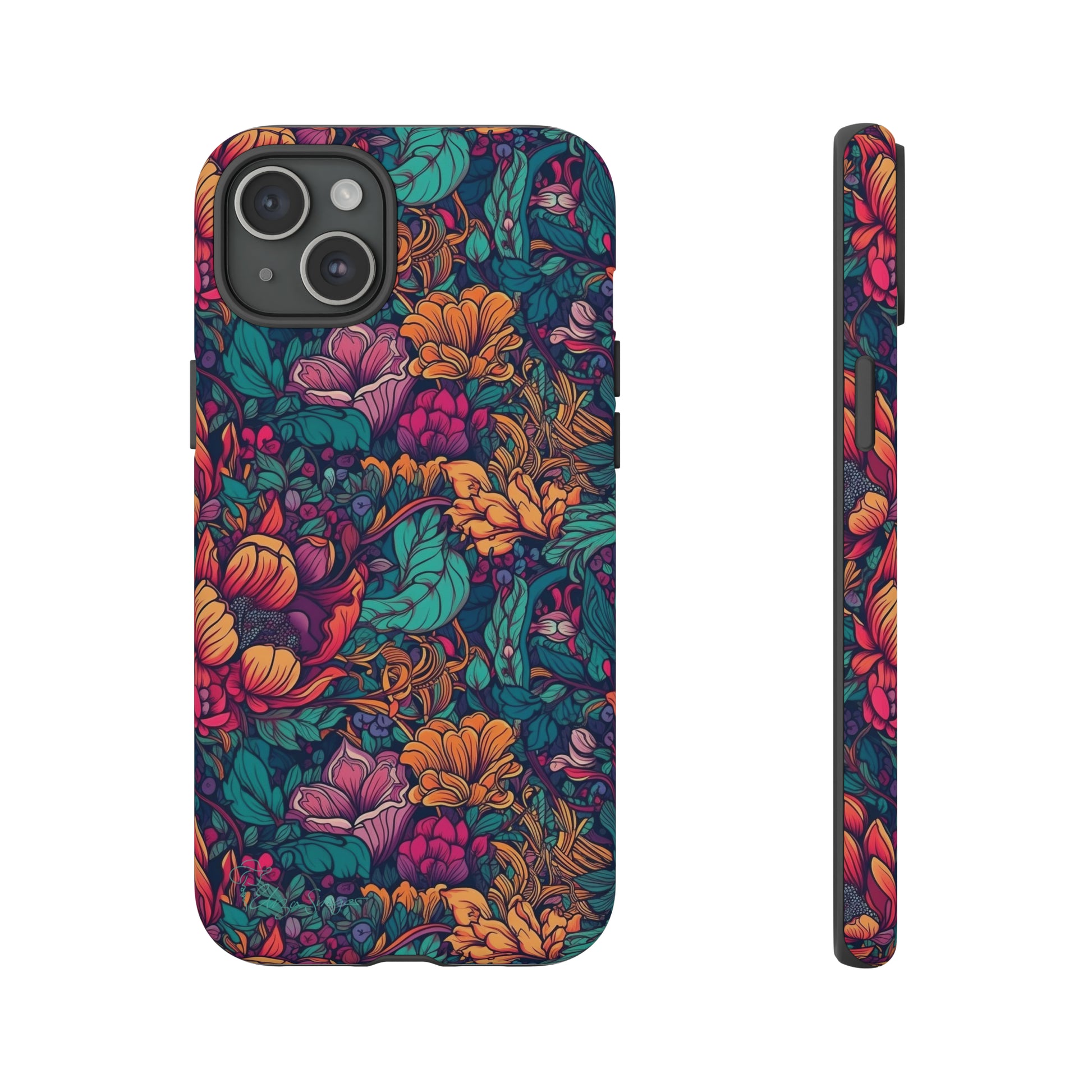 Vibrant Boho Blossoms: iPhone Tough Protective Cover. Featuring a bright abstract floral design, this case adds a touch of Bohemian flair. Compatible with iPhone 15, 14, 13, XS, XR Pro/Max/Mini/P/Plus. Embrace Boho Chic with Style and Durability. #ElizaSinger #PhoneCase #FloralDesign