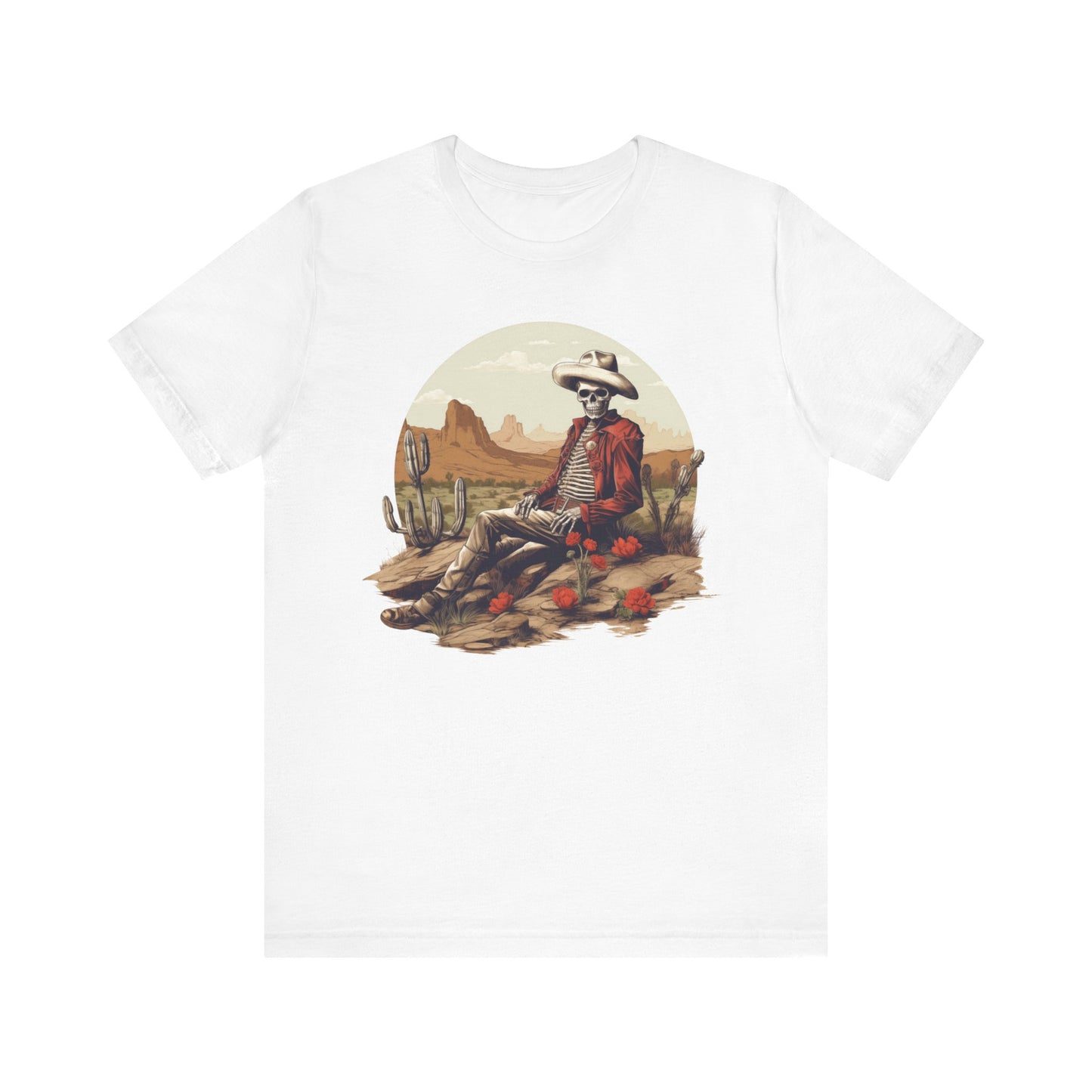 Skeleton Cowboy in Desert: Red Blazer Bella Canvas T-shirt