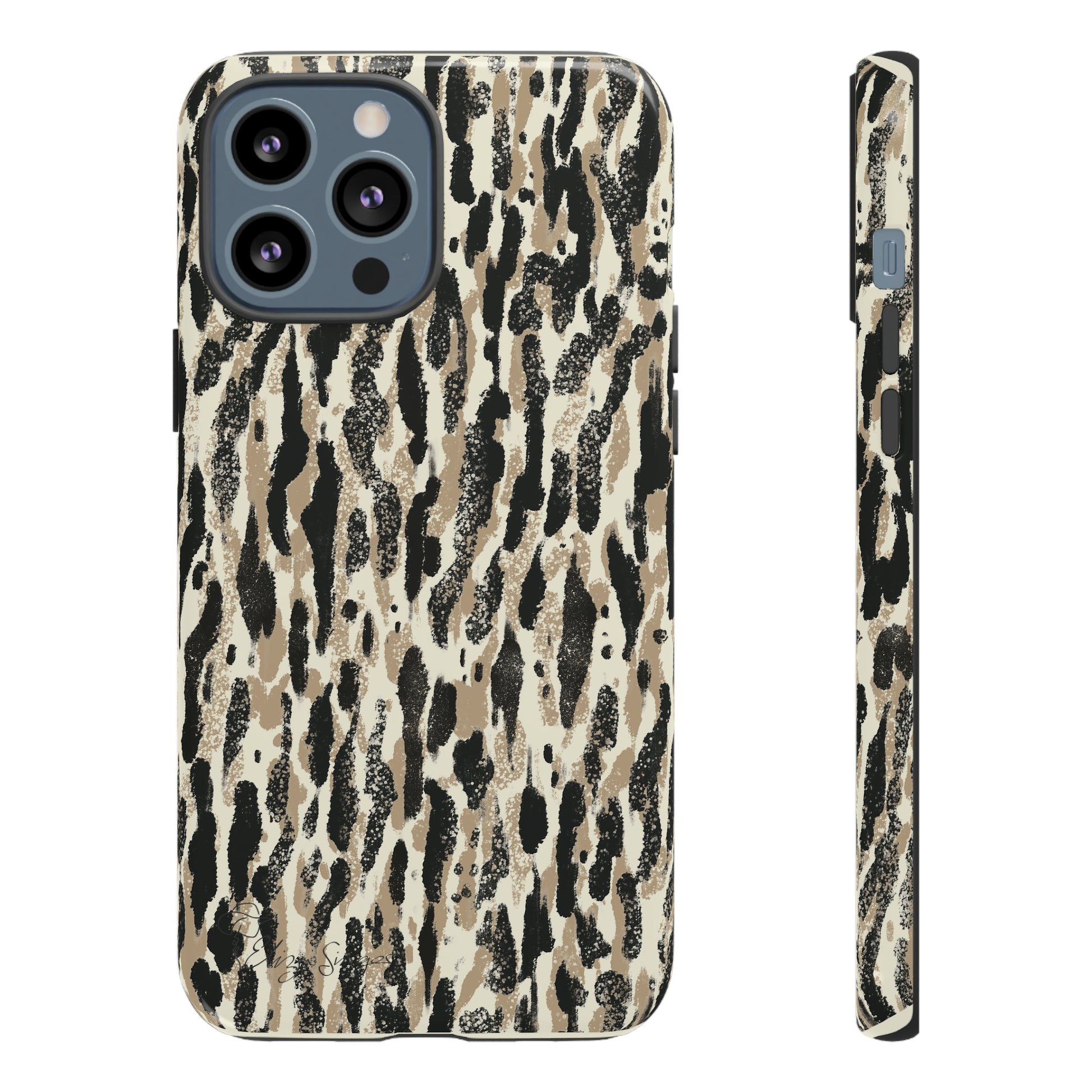Elevate Your Tech: Abstract Neutral Animal Print iPhone Tough Protective Cover. Leopard-Painted Design in Beige and Black. Compatible with iPhone 15, 14, 13, XS, XR Pro/Max/Mini/P/Plus. Unleash the Wild with Style and Durability. #ElizaSinger #PhoneCase #LeopardPrint 