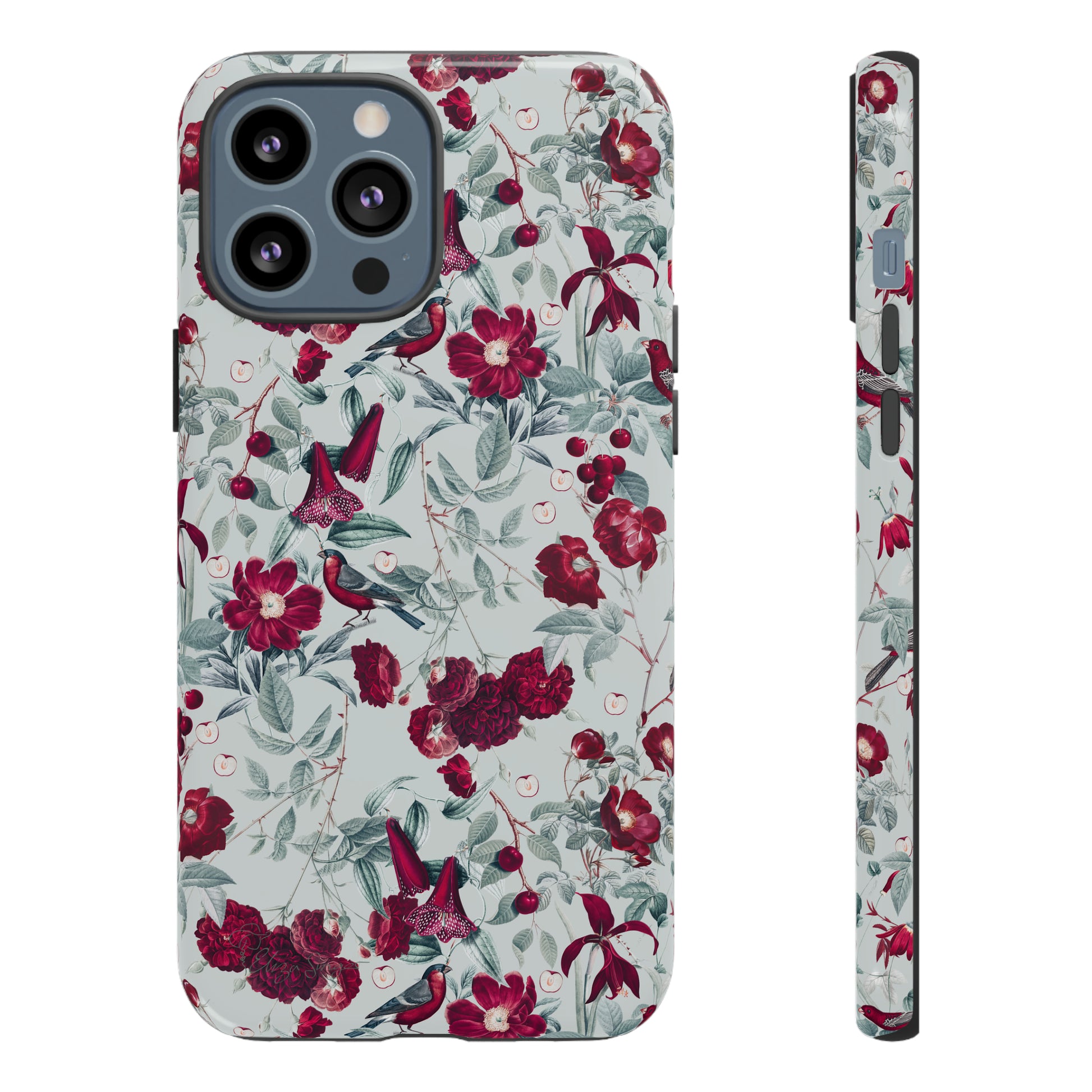 Cherry Blossom Serenade: Cherish nature's beauty with 'Cherry Blossom Serenade.' This iPhone case features flowers and burgundy birds on a blue background, creating a captivating floral wildlife bird and flower design. Elevate your device with this enchanting and stylish protective cover. #ElizaSinger #PhoneCase #FloralDesign