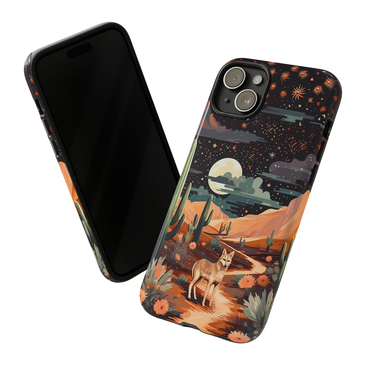 Introducing our Tough Western Cell Phone Case: Twilight Desert Jackal Remix Edition! A variation of our popular design, this edition features a jackal in a desert landscape with a starry night sky and cacti. Get ready for a unique twist on classic rugged protection.