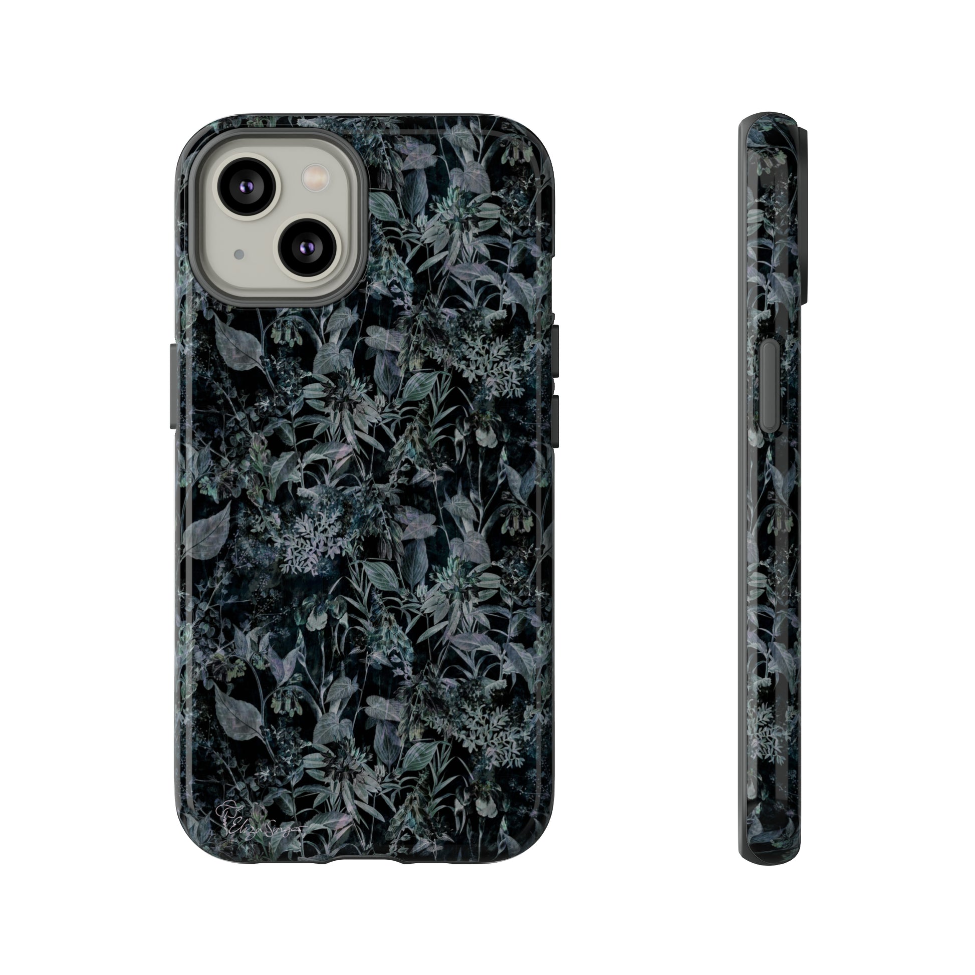 Blossom in Style: Botany Floral Dark Flowers Blue Denim iPhone Tough Protective Cover. This case features a Flower and Muted Grey Design, compatible with iPhone 15, 14, 13, XS, XR Pro/Max/Mini/P/Plus. Unleash Nature's Beauty with Style and Durability. #ElizaSinger #PhoneCase #FloralDesign