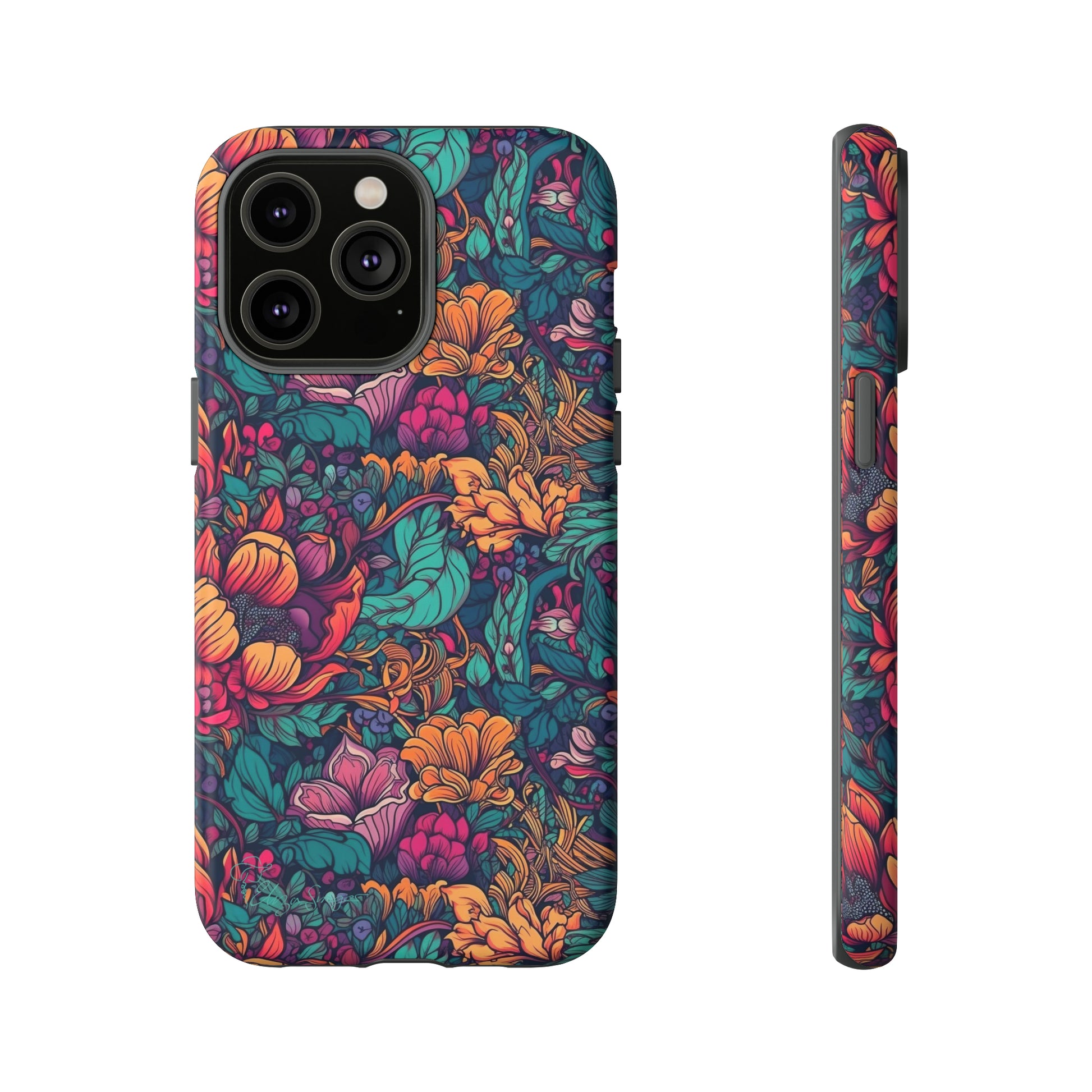 Vibrant Boho Blossoms: iPhone Tough Protective Cover. Featuring a bright abstract floral design, this case adds a touch of Bohemian flair. Compatible with iPhone 15, 14, 13, XS, XR Pro/Max/Mini/P/Plus. Embrace Boho Chic with Style and Durability. #ElizaSinger #PhoneCase #FloralDesign