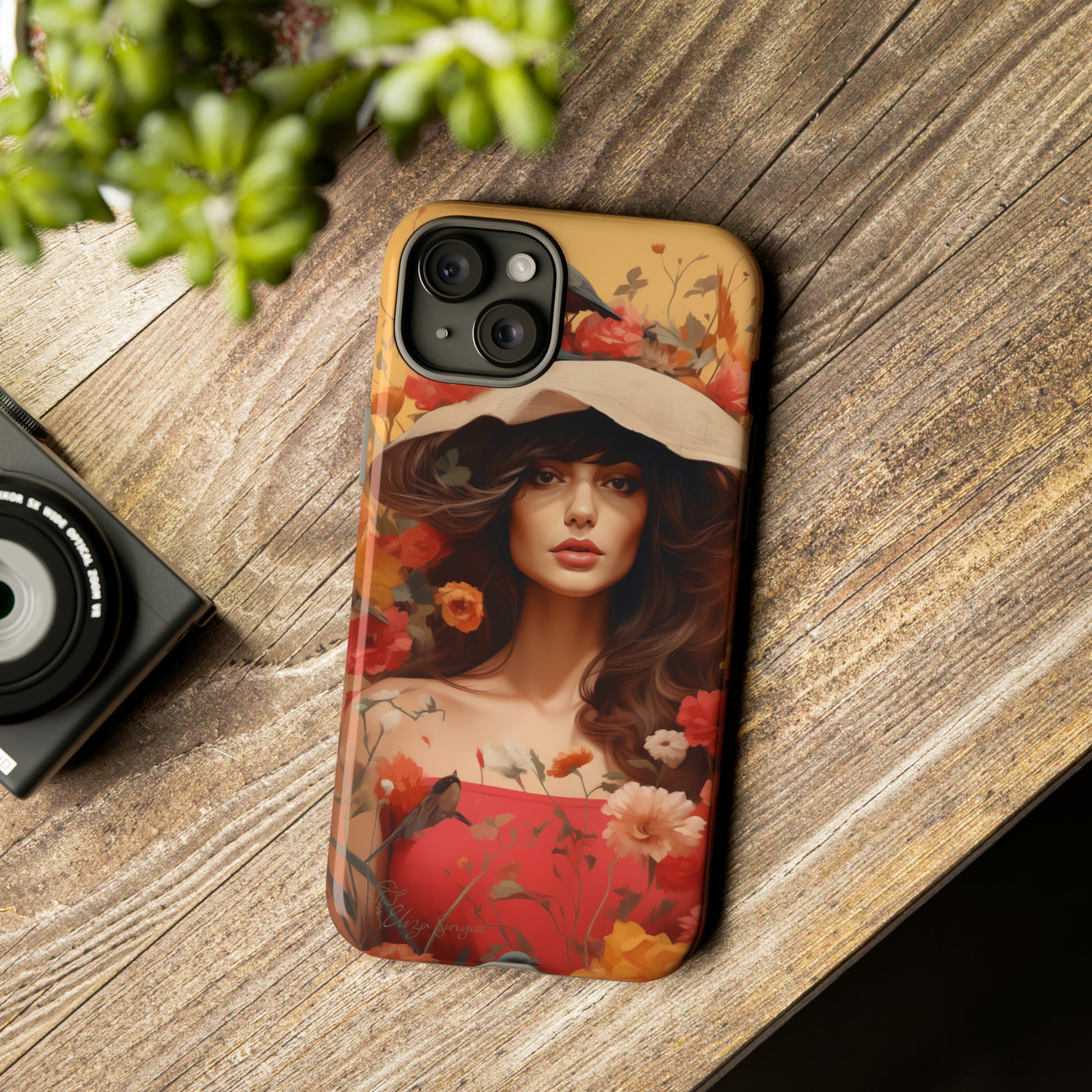 Bask in Sunshine: Embrace the warmth with our Tough Cell Phone Case. A yellow backdrop and a woman in a hat surrounded by flowers create a radiant design. Experience the perfect blend of style and protection, bringing sunshine into your everyday. Elevate your phone with a burst of brightness. #ElizaSinger #PhoneCase #SunshineRadiance