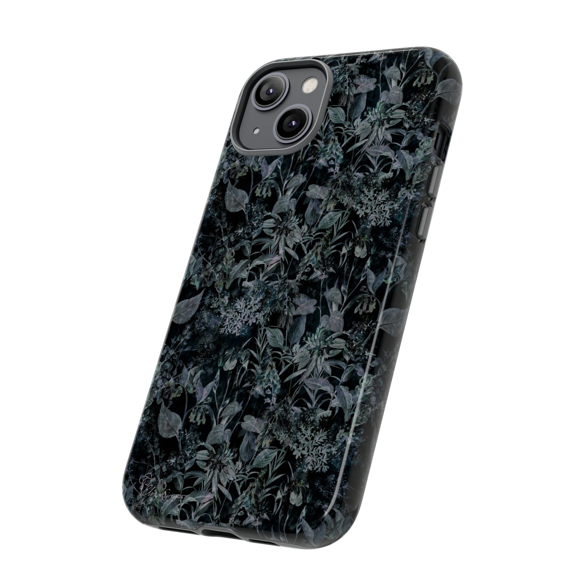 Blossom in Style: Botany Floral Dark Flowers Blue Denim iPhone Tough Protective Cover. This case features a Flower and Muted Grey Design, compatible with iPhone 15, 14, 13, XS, XR Pro/Max/Mini/P/Plus. Unleash Nature's Beauty with Style and Durability. #ElizaSinger #PhoneCase #FloralDesign