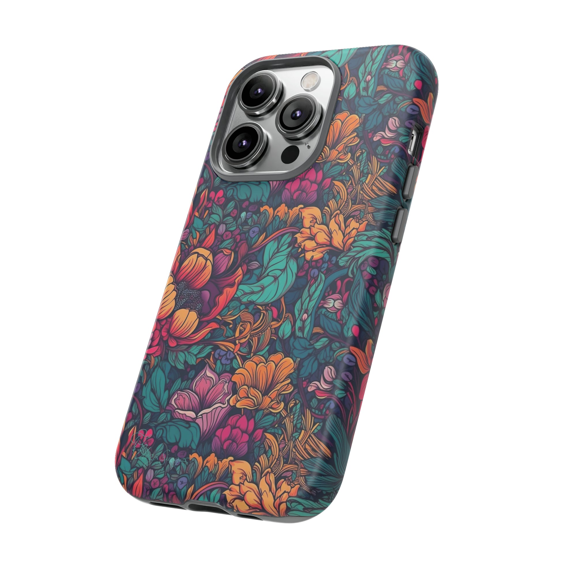 Vibrant Boho Blossoms: iPhone Tough Protective Cover. Featuring a bright abstract floral design, this case adds a touch of Bohemian flair. Compatible with iPhone 15, 14, 13, XS, XR Pro/Max/Mini/P/Plus. Embrace Boho Chic with Style and Durability. #ElizaSinger #PhoneCase #FloralDesign