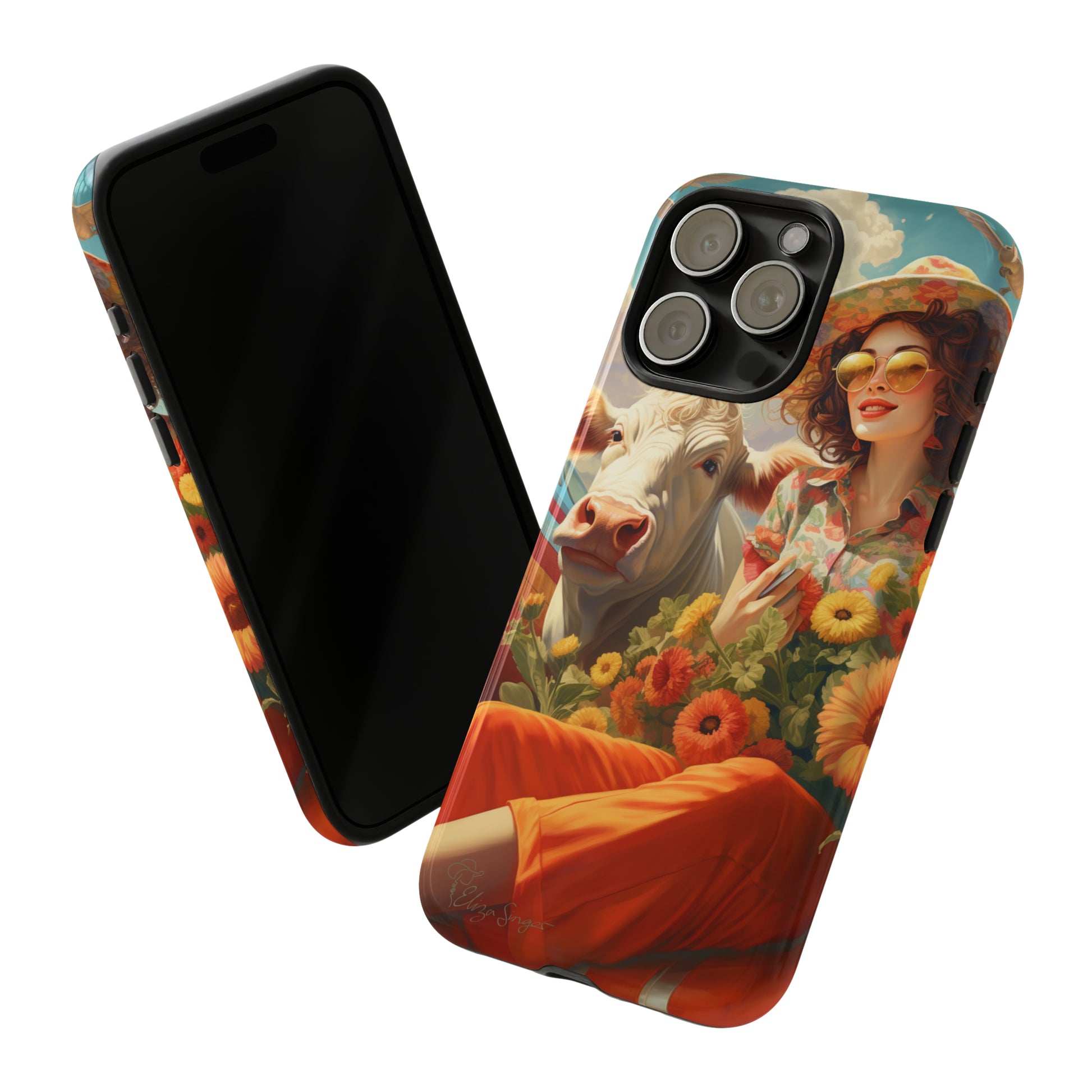 Timeless Retro Charm: Step back in time with our Tough Western Cell Phone Case. Featuring a vintage and bright design, a woman in a hat with daisies is accompanied by a cow looking over her shoulder. Experience the perfect blend of retro aesthetics and durability. Elevate your style with a touch of nostalgia. #ElizaSinger #PhoneCase #RetroStyle 