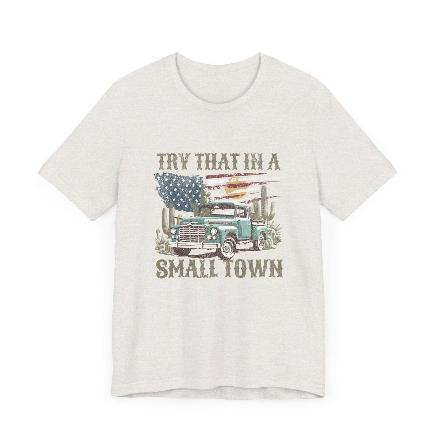 Small Town Pride: Bella Canvas T-shirt with Vintage Pickup and Flag