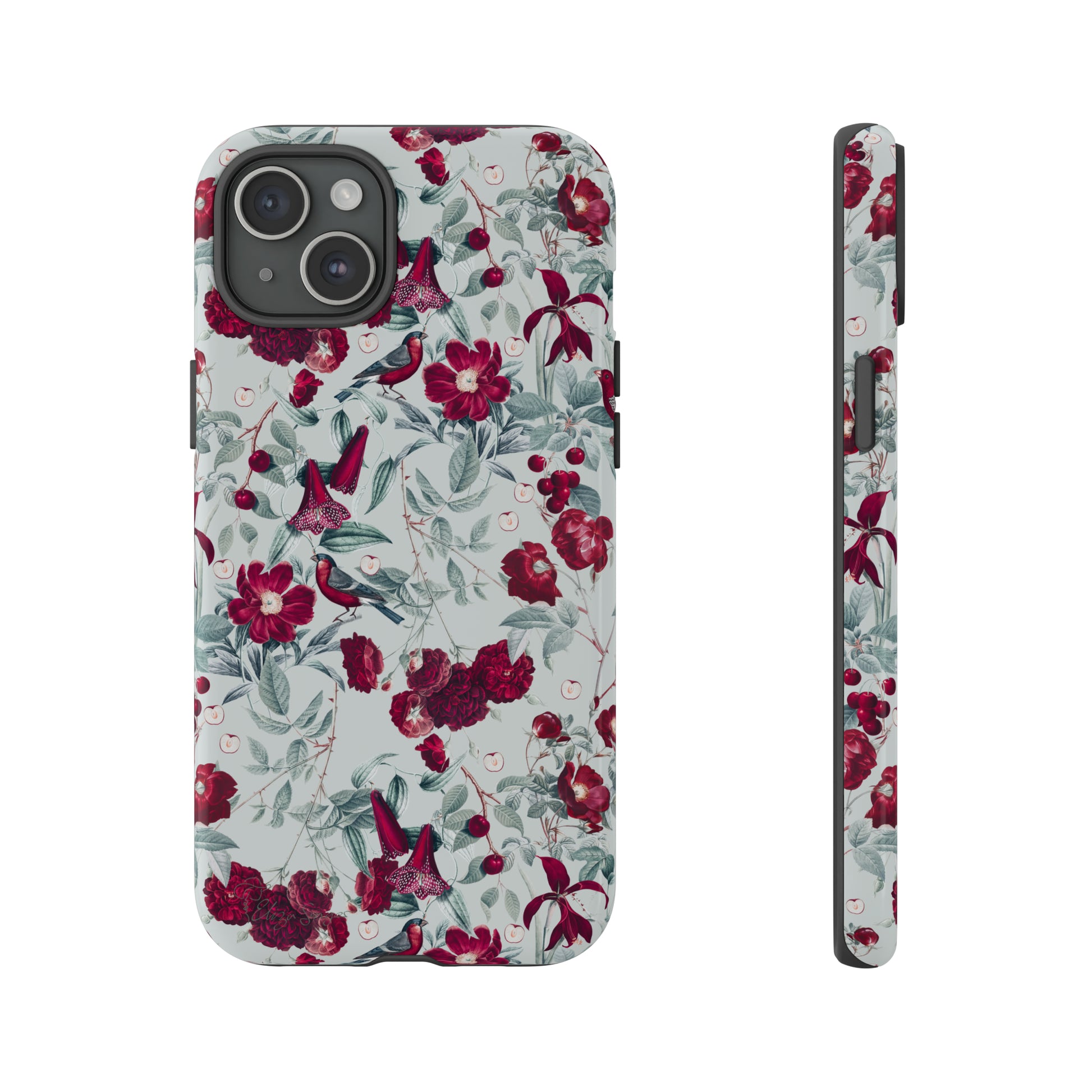 Cherry Blossom Serenade: Cherish nature's beauty with 'Cherry Blossom Serenade.' This iPhone case features flowers and burgundy birds on a blue background, creating a captivating floral wildlife bird and flower design. Elevate your device with this enchanting and stylish protective cover. #ElizaSinger #PhoneCase #FloralDesign