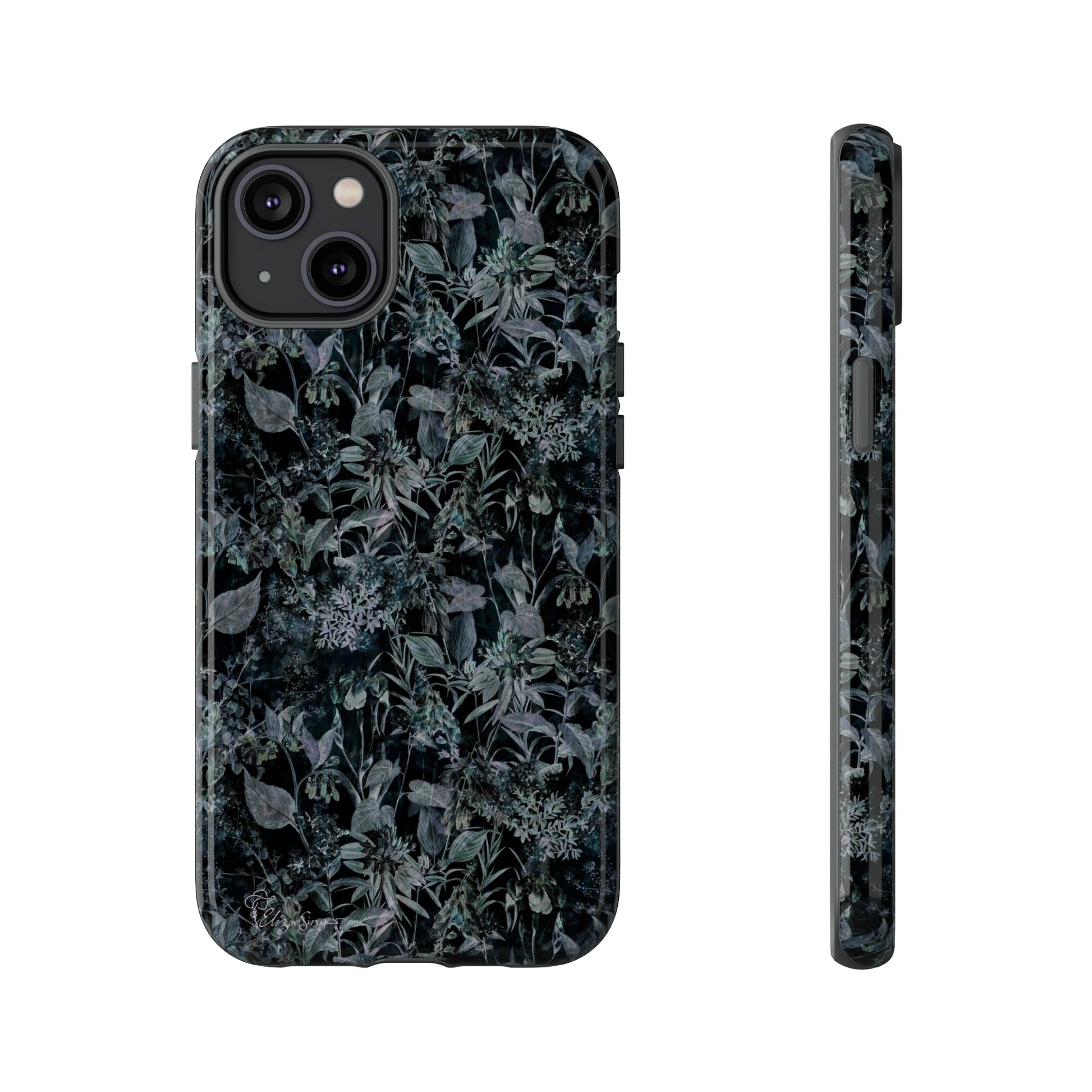 Blossom in Style: Botany Floral Dark Flowers Blue Denim iPhone Tough Protective Cover. This case features a Flower and Muted Grey Design, compatible with iPhone 15, 14, 13, XS, XR Pro/Max/Mini/P/Plus. Unleash Nature's Beauty with Style and Durability. #ElizaSinger #PhoneCase #FloralDesign