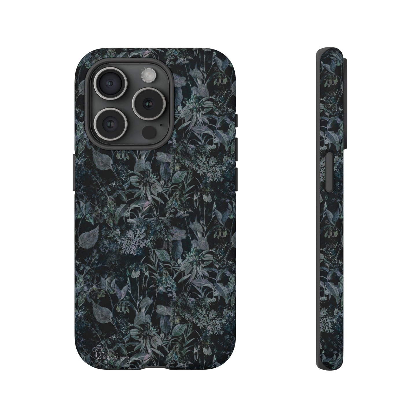 Blossom in Style: Botany Floral Dark Flowers Blue Denim iPhone Tough Protective Cover. This case features a Flower and Muted Grey Design, compatible with iPhone 15, 14, 13, XS, XR Pro/Max/Mini/P/Plus. Unleash Nature's Beauty with Style and Durability. #ElizaSinger #PhoneCase #FloralDesign