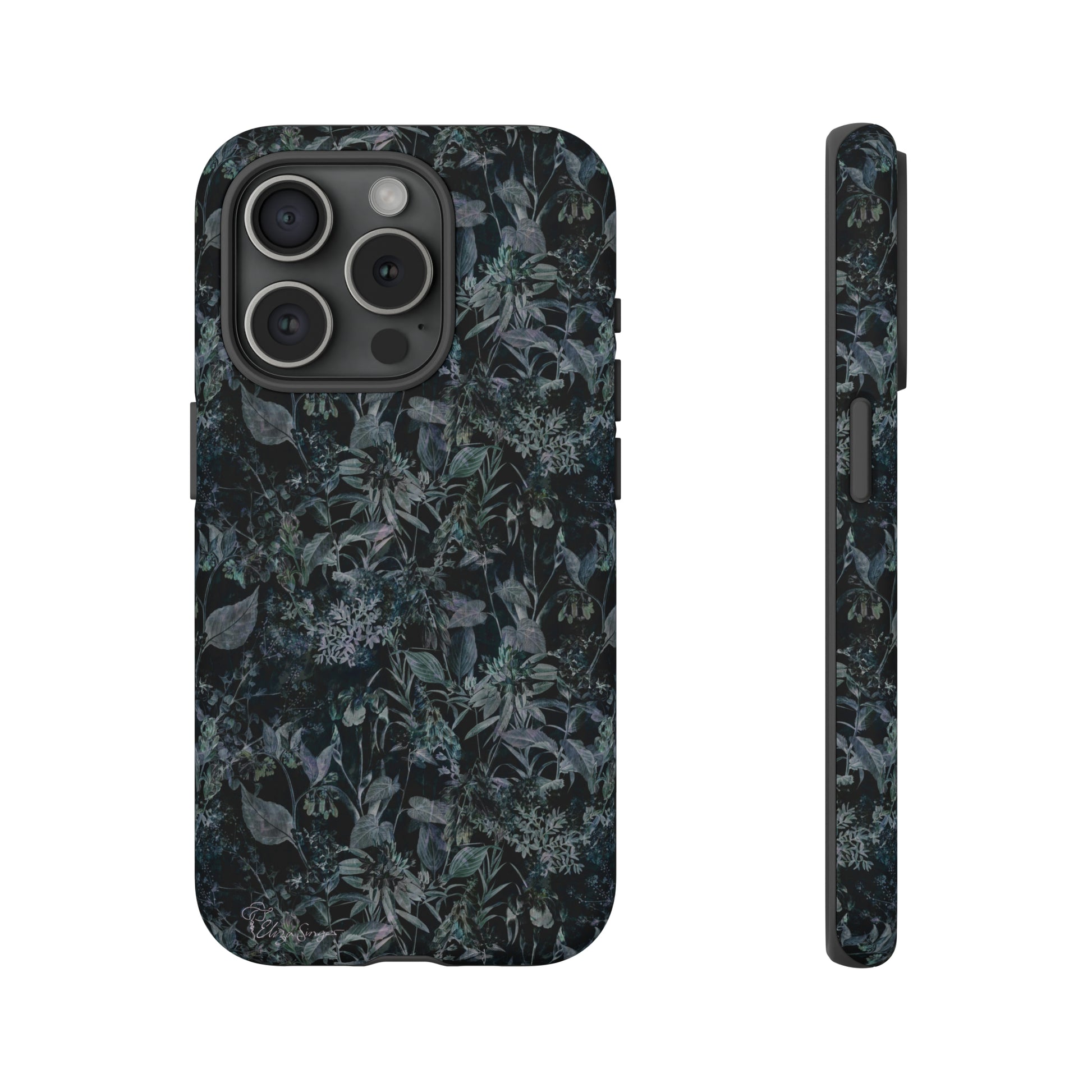 Blossom in Style: Botany Floral Dark Flowers Blue Denim iPhone Tough Protective Cover. This case features a Flower and Muted Grey Design, compatible with iPhone 15, 14, 13, XS, XR Pro/Max/Mini/P/Plus. Unleash Nature's Beauty with Style and Durability. #ElizaSinger #PhoneCase #FloralDesign