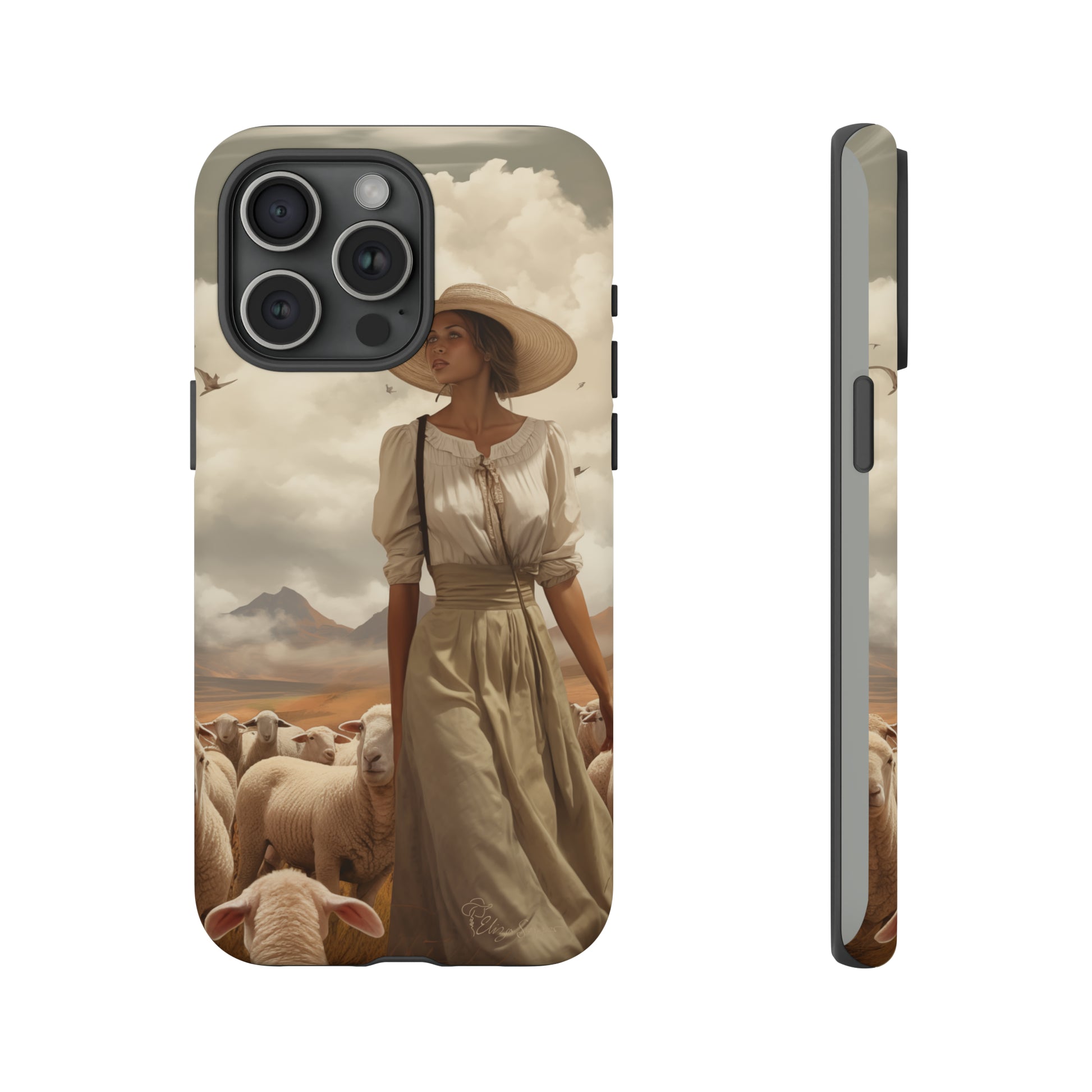 Immerse yourself in a dreamy landscape with our Tough Western Cell Phone Case showcasing a vintage painted design of a woman wearing a hat, walking through a prairie landscape with sheep behind her. Experience the magic of the past with this edition.