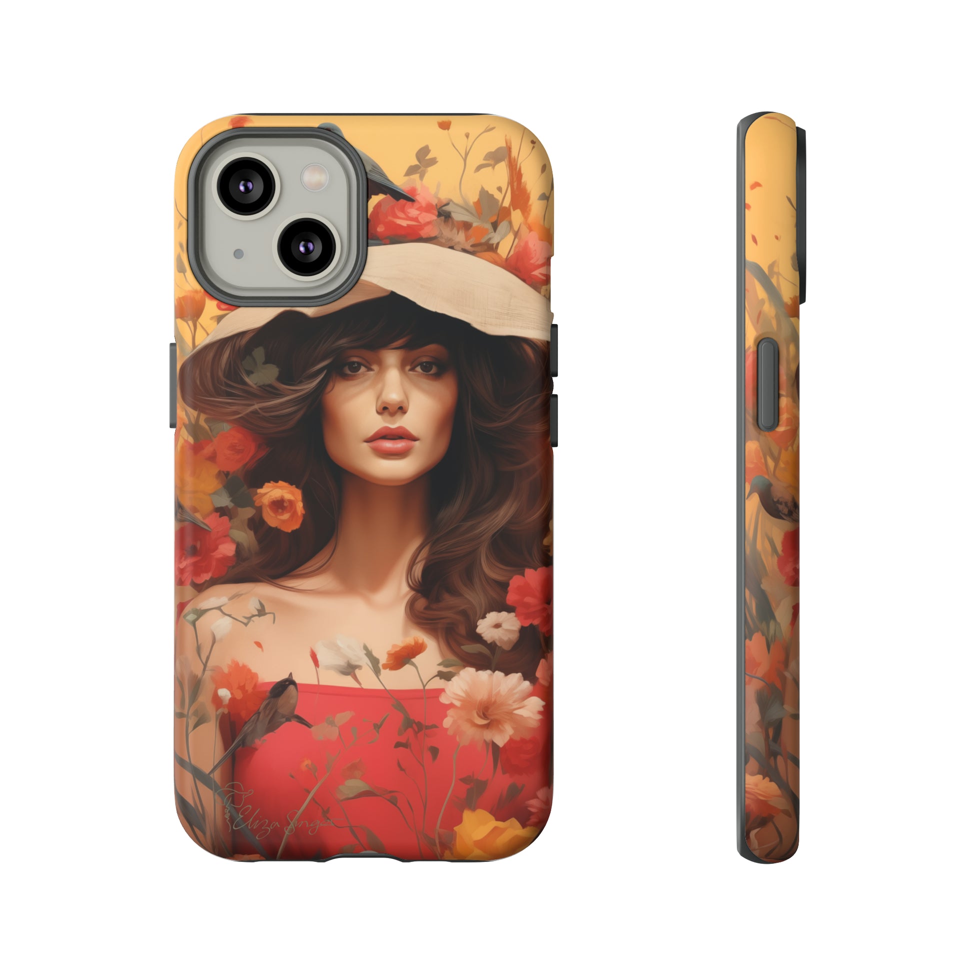 Bask in Sunshine: Embrace the warmth with our Tough Cell Phone Case. A yellow backdrop and a woman in a hat surrounded by flowers create a radiant design. Experience the perfect blend of style and protection, bringing sunshine into your everyday. Elevate your phone with a burst of brightness. #ElizaSinger #PhoneCase #SunshineRadiance
