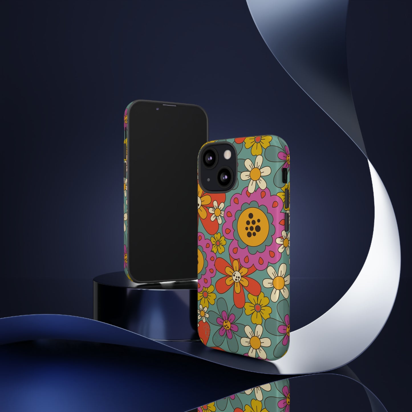 Step into the Groove: Groovy Hippie Hippy Design iPhone Tough Protective Cover. A nod to the 60's with Daisy Design in Turquoise and Pink. Compatible with iPhone 15, 14, 13, XS, XR Pro/Max/Mini/P/Plus. Embrace Retro Vibes with Style and Durability. #ElizaSinger #PhoneCase #GroovyDesign 
