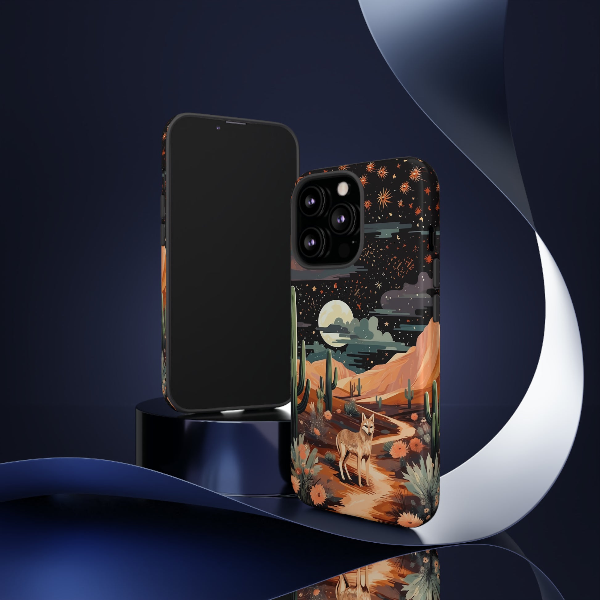 Introducing our Tough Western Cell Phone Case: Twilight Desert Jackal Remix Edition! A variation of our popular design, this edition features a jackal in a desert landscape with a starry night sky and cacti. Get ready for a unique twist on classic rugged protection.