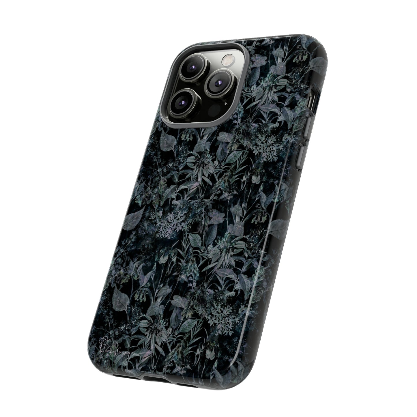 Blossom in Style: Botany Floral Dark Flowers Blue Denim iPhone Tough Protective Cover. This case features a Flower and Muted Grey Design, compatible with iPhone 15, 14, 13, XS, XR Pro/Max/Mini/P/Plus. Unleash Nature's Beauty with Style and Durability. #ElizaSinger #PhoneCase #FloralDesign