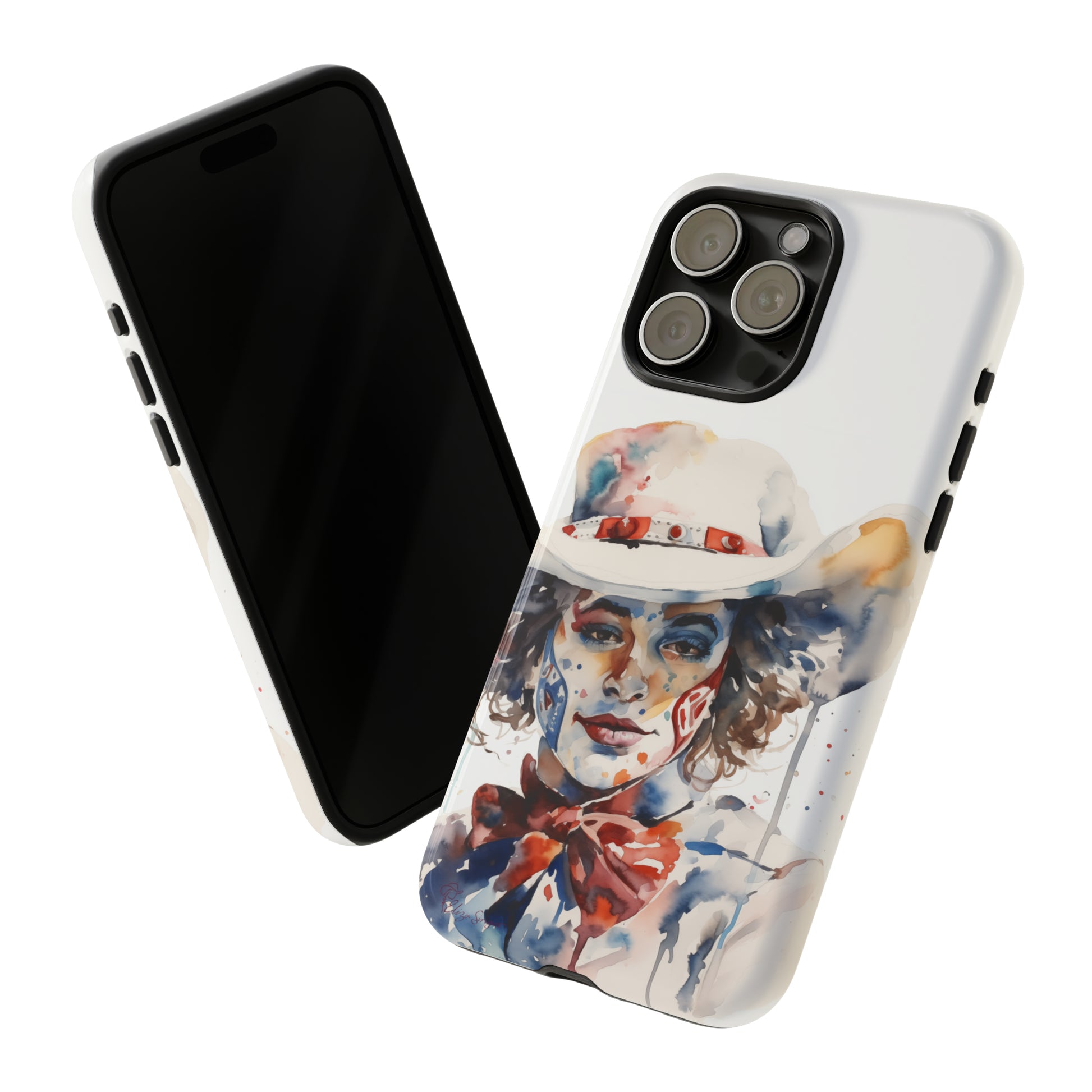 Presenting our Tough Western Cell Phone Case: Rodeo Clown Watercolor Gal Edition! This one-of-a-kind design showcases a vibrant watercolor portrayal of a woman as a rodeo clown on a white background. Enjoy the fusion of artistry and robust phone protection.