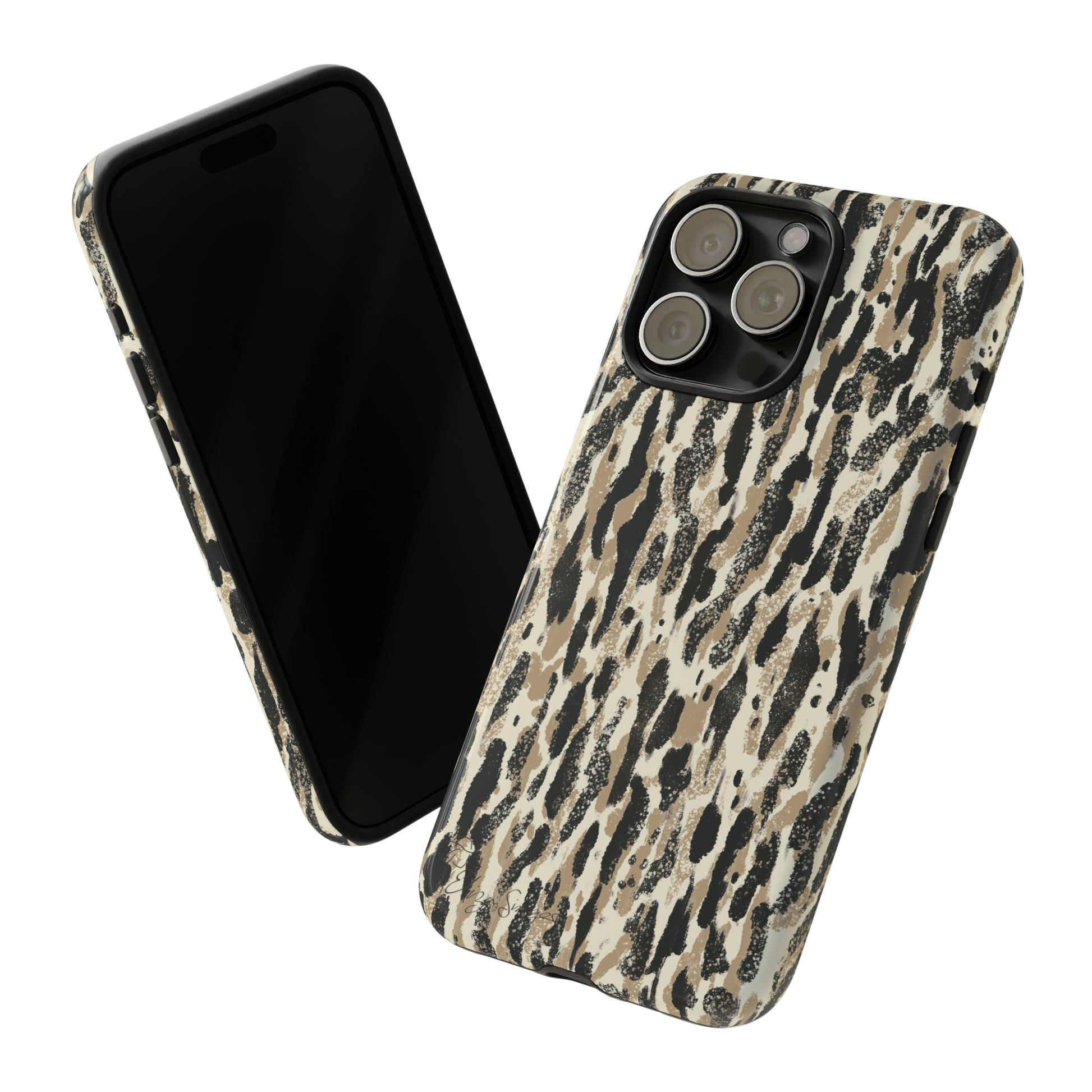 Elevate Your Tech: Abstract Neutral Animal Print iPhone Tough Protective Cover. Leopard-Painted Design in Beige and Black. Compatible with iPhone 15, 14, 13, XS, XR Pro/Max/Mini/P/Plus. Unleash the Wild with Style and Durability. #ElizaSinger #PhoneCase #LeopardPrint 