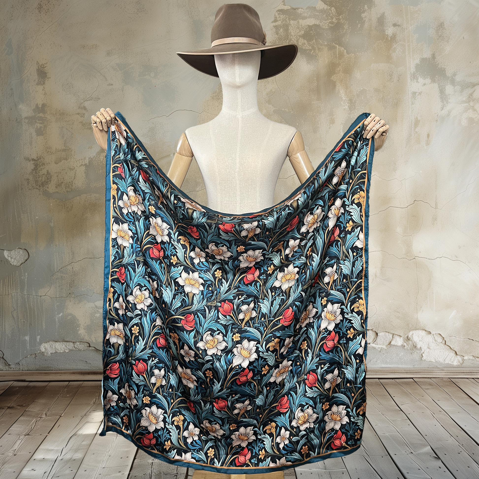 Immerse yourself in nature with our Blue Botanical Bliss Wild Rag. Featuring blue leaves, white flowers, and hints of orange, this 39" square of

100% satin silk adds a touch of floral elegance to any ensemble. Elevate your style with this nature-inspired accessory.