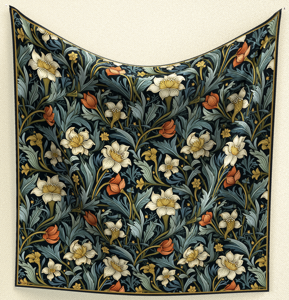 Immerse yourself in nature with Blue Botanical Bliss Wild Rag. Featuring blue leaves, white flowers, and hints of orange, this 35" square of poly/mulberry silk adds a touch of floral elegance to any ensemble.