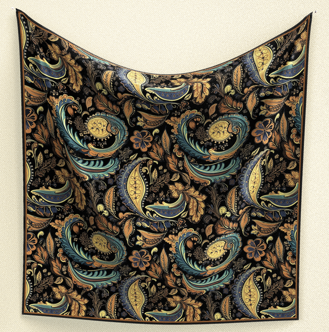 Wrap yourself in desert elegance with our Desert Mirage Paisley Wild Rag. Handcrafted from poly/mulberry silk, this 35" square boasts brown and teal paisley patterns, adding a touch of mystique to your Western ensemble.