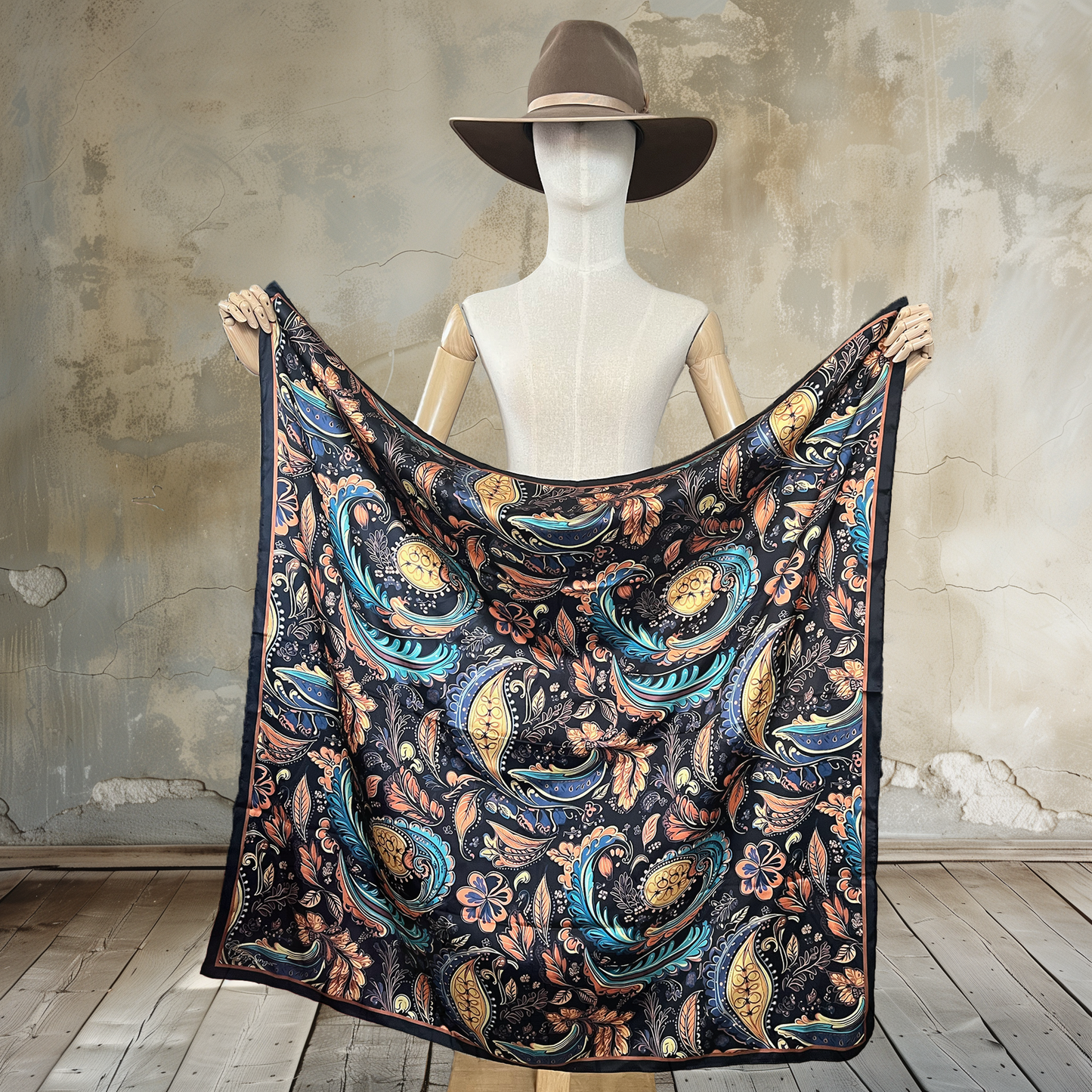 Immerse yourself in the allure of the desert with our Desert Mirage Paisley Wild Rag. This 39" square of luxury, crafted from

100% satin silk, features captivating brown and teal paisley patterns. Elevate your Western style with this unique accessory that adds a touch of desert mystique to any outfit.