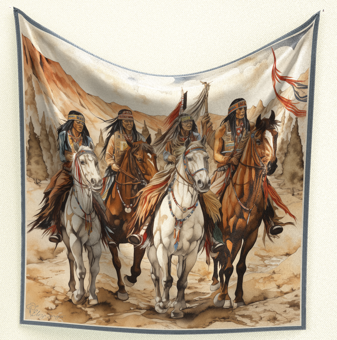  Embark on a journey with Desert Riders Wild Rag. Crafted from poly/mulberry silk, this 35" square features four Native Americans on horseback in a desert landscape, adding a touch of cultural inspiration and captivation to your ensemble.