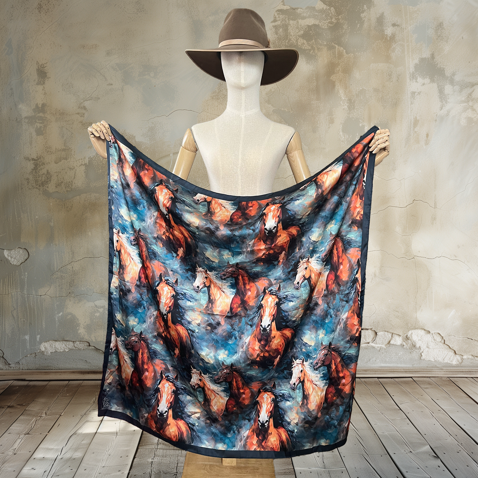 Experience the thrill of the wild with our Galloping Hues Wild Rag. Oil-painted running Western horses grace this 39" square in shades of blue. Unleash your free spirit and elevate your style with this unique and dynamic accessory made from

100% satin silk.