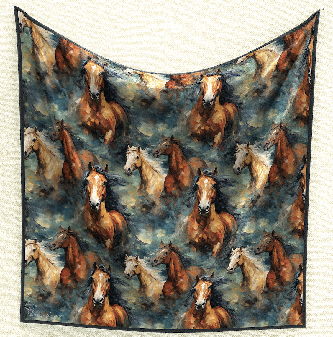 Unleash your spirit with Galloping Hues Wild Rag. This 35" square, adorned with oil-painted running Western horses in shades of blue, adds a dynamic touch to your ensemble. Experience the thrill of the wild.