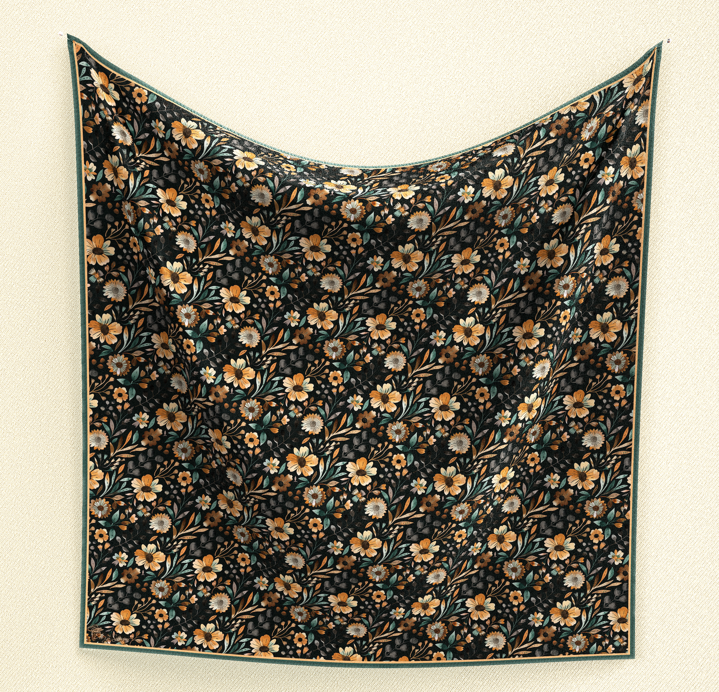 Elevate your style with Muted Floral Sketch Wild Rag. Made from 100% satin silk, this 39" square scarf features muted flowers in a hand-drawn style in shades of cream, light orange, and sage on a dark background, adding understated elegance and versatility to your ensemble.