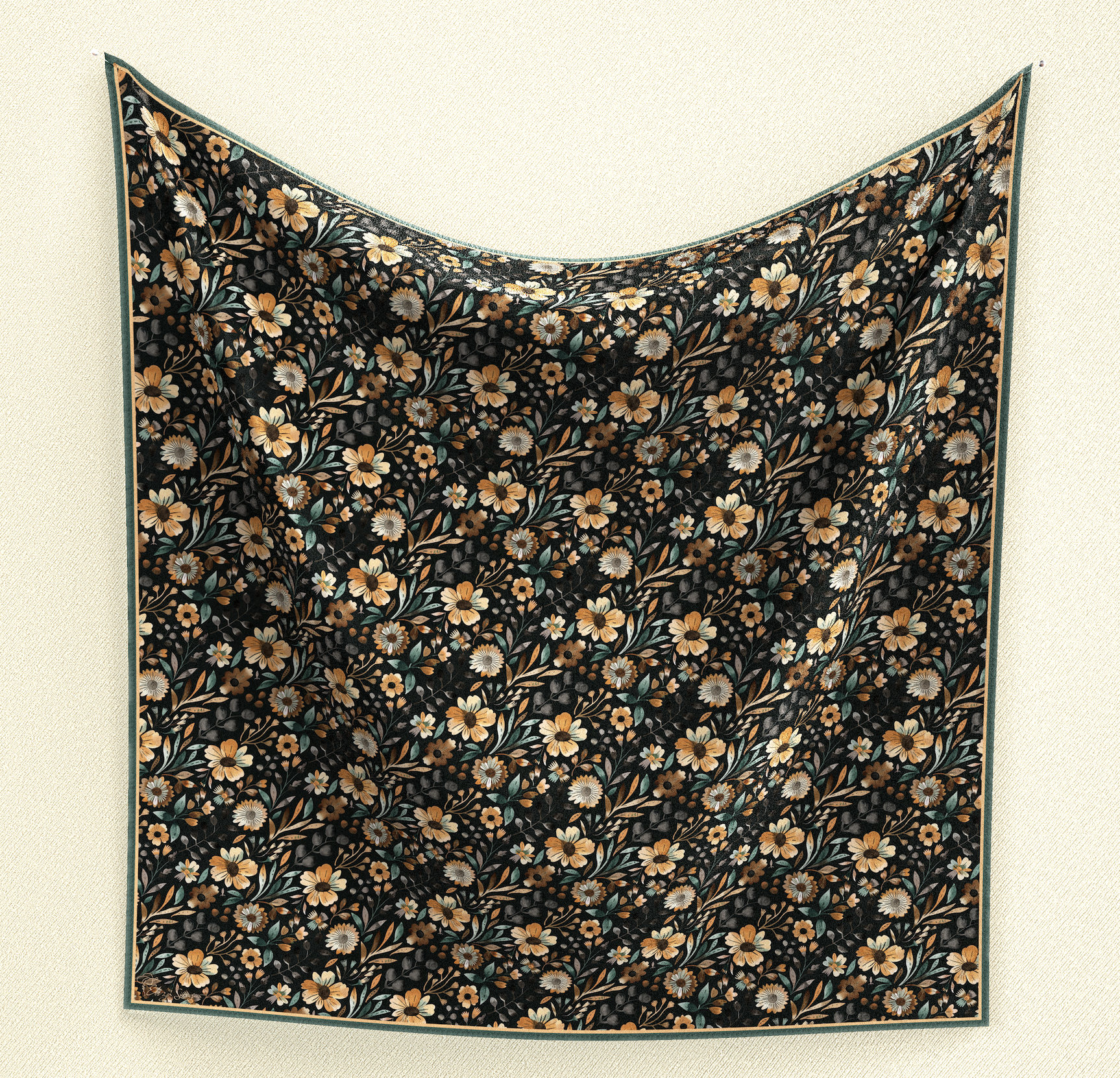 Elevate your style with Muted Floral Sketch Wild Rag. Made from 100% satin silk, this 39" square scarf features muted flowers in a hand-drawn style in shades of cream, light orange, and sage on a dark background, adding understated elegance and versatility to your ensemble.