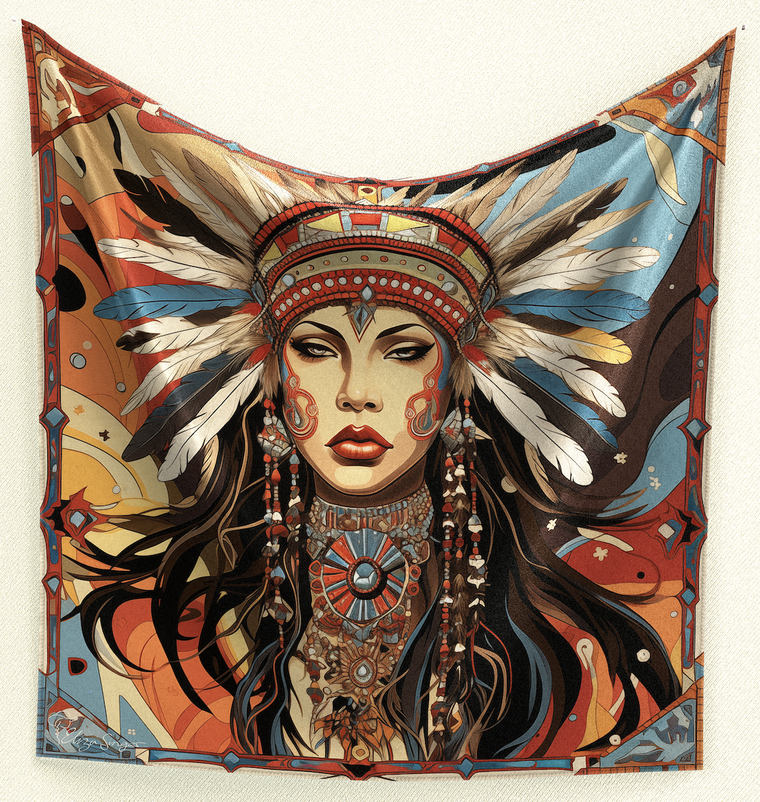 Adorn yourself with Native Elegance Portrait Wild Rag. Crafted from poly/mulberry silk, this 35" square features a Native American portrait with a feathered headpiece and rich colors, adding cultural inspiration and visual strikingness to your ensemble.