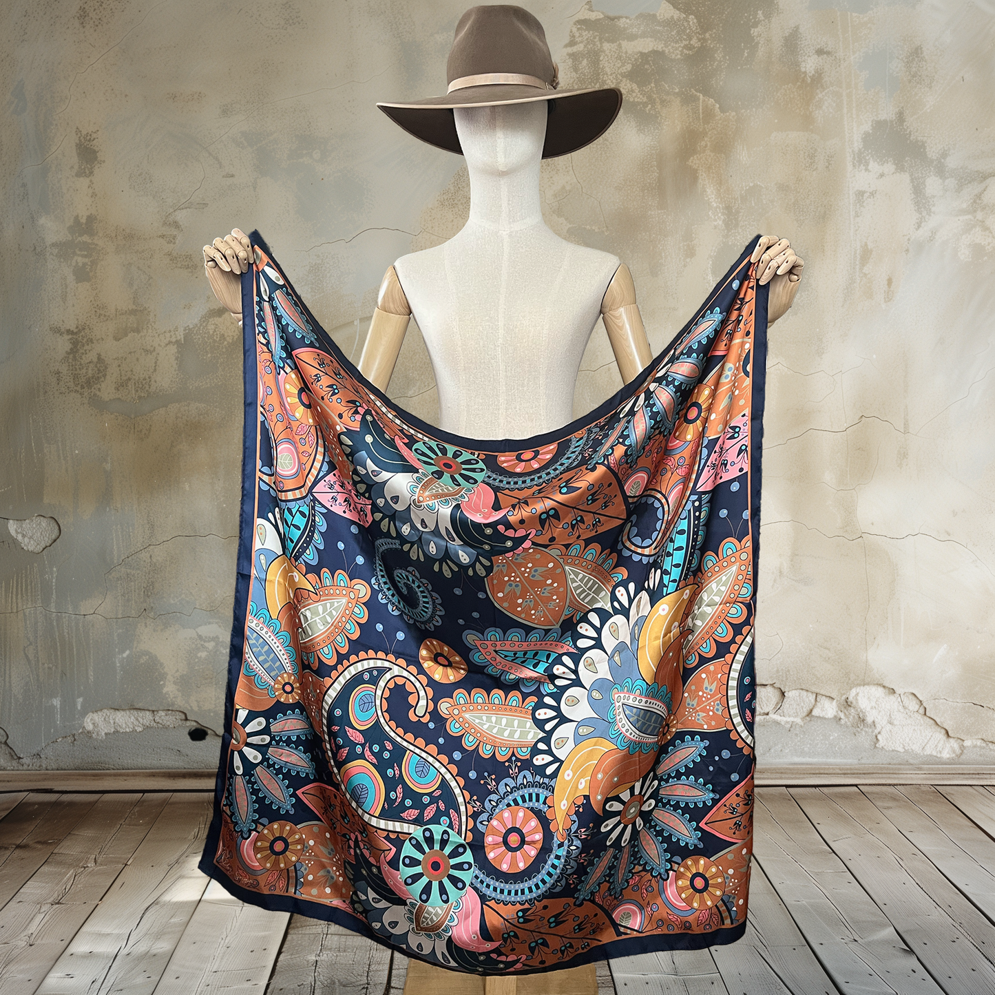 Embrace versatility with Paisley Bouquet in Navy Wild Rag. Against a dark navy background, paisley-detailed flowers in a variety of colors create a stunning 39" square of

100% satin silk. Elevate your style with this cheerful and muted accessory.