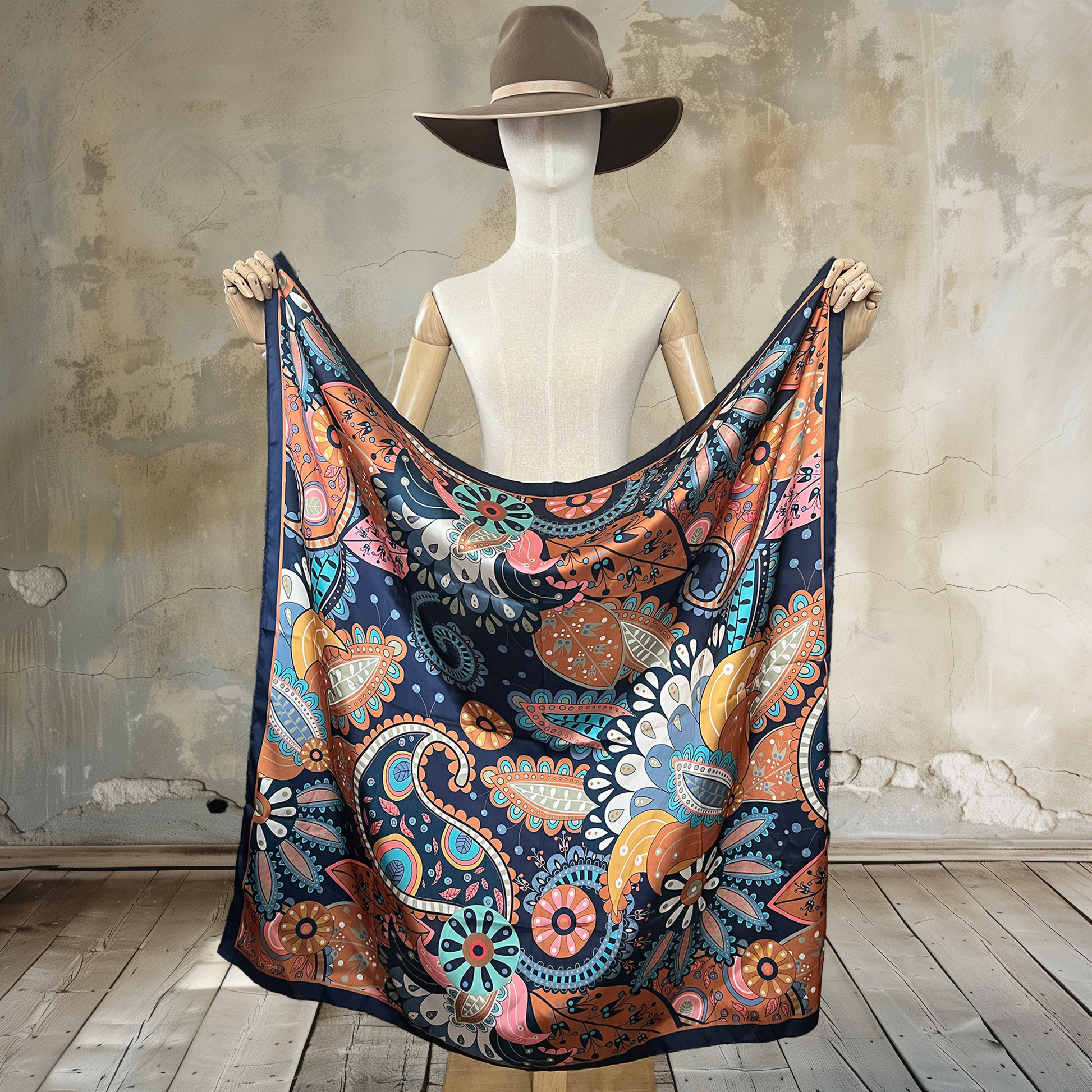 Embrace versatility with Paisley Bouquet in Navy Wild Rag. Against a dark navy background, paisley-detailed flowers in a variety of colors create a stunning 39" square of

100% satin silk. Elevate your style with this cheerful and muted accessory.