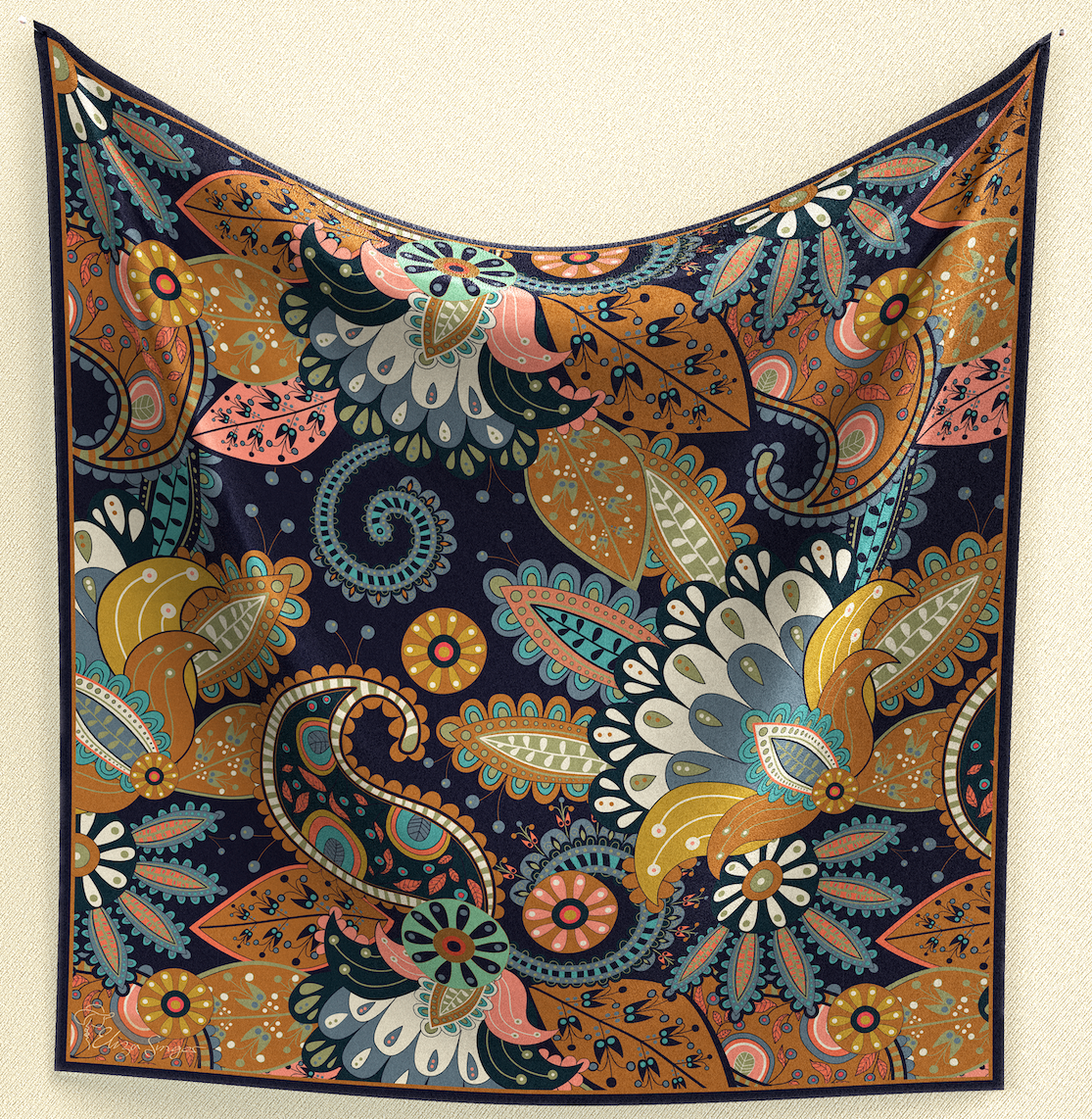 Elevate your style with Paisley Bouquet in Navy Wild Rag. Crafted from poly/mulberry silk, this 35" square features a dark navy background adorned with paisley-detailed flowers in a variety of colors, adding cheerfulness and versatility to your ensemble.