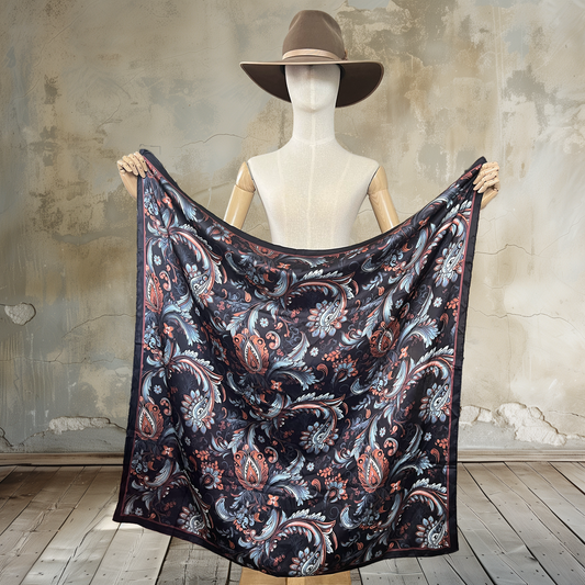 Uncover the allure of Paisley Enigma Wild Rag. Against a black background, grey and orange paisley patterns dance on this 39" square of 100% satin silk. Elevate your Western style with this mysterious and vibrant accessory.