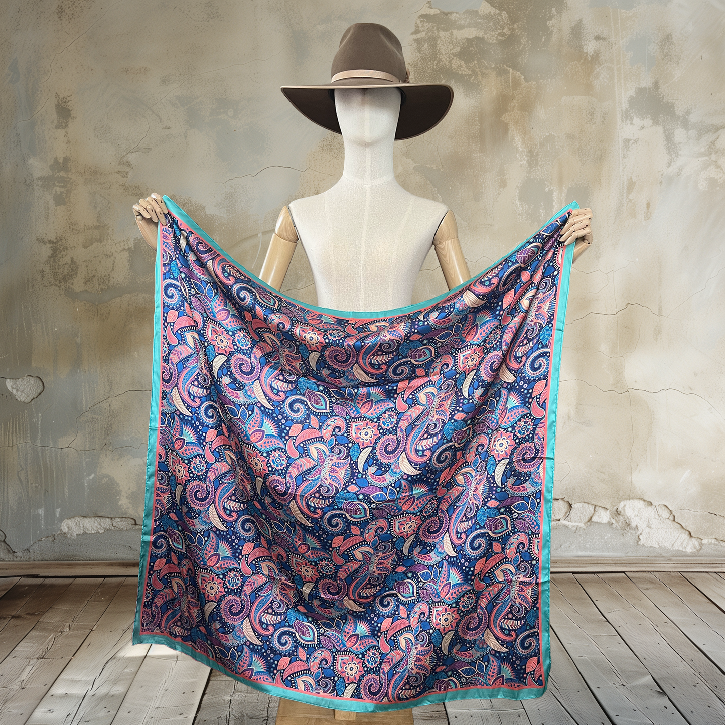 Make a splash with Summer Paisley Splash Wild Rag. Crafted from 100% satin silk in a vibrant 39" square, this scarf features a summer paisley pattern with turquoise, coral, and purple colors. Elevate your look with this fun and stylish accessory.