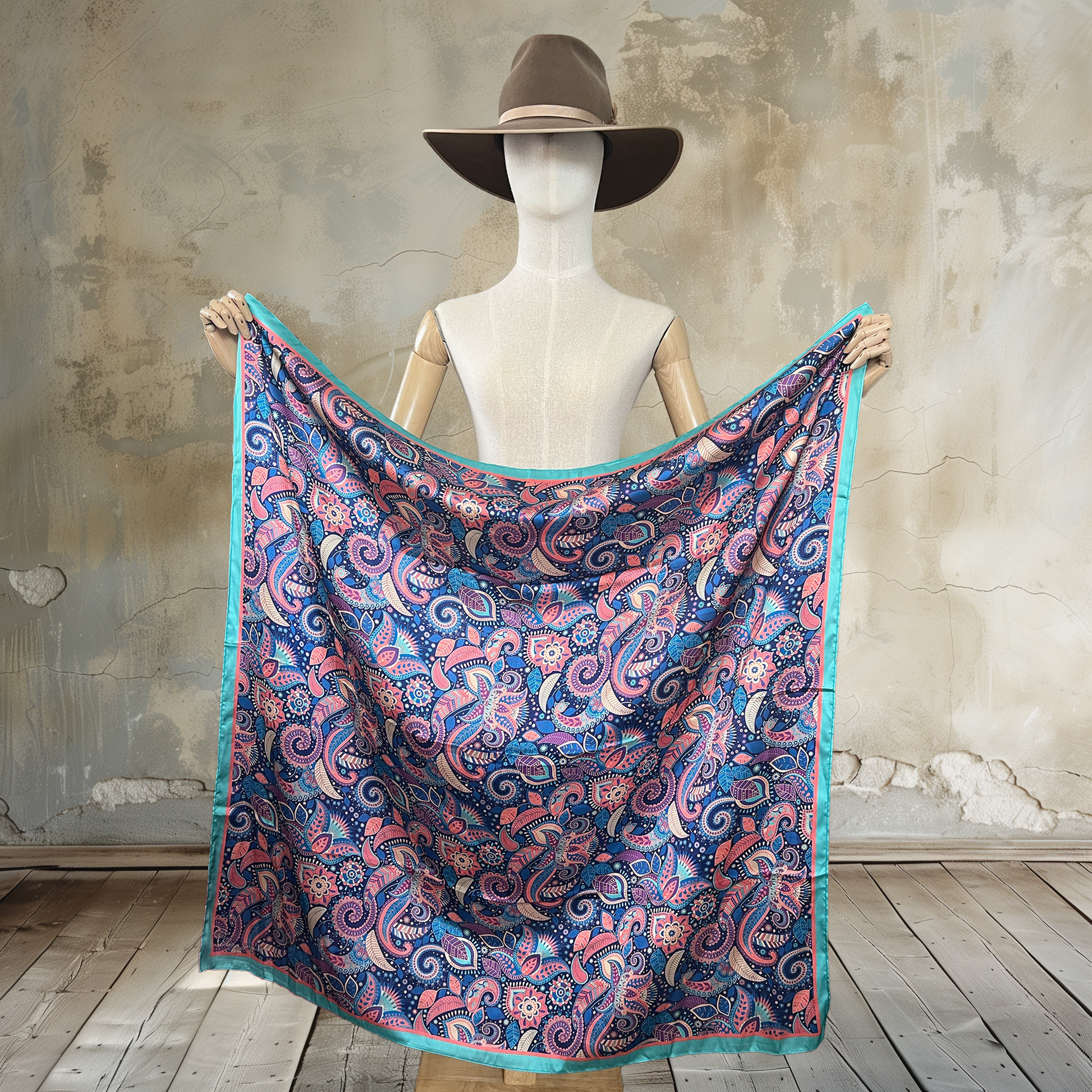 Make a splash with Summer Paisley Splash Wild Rag. Crafted from 100% satin silk in a vibrant 39" square, this scarf features a summer paisley pattern with turquoise, coral, and purple colors. Elevate your look with this fun and stylish accessory.